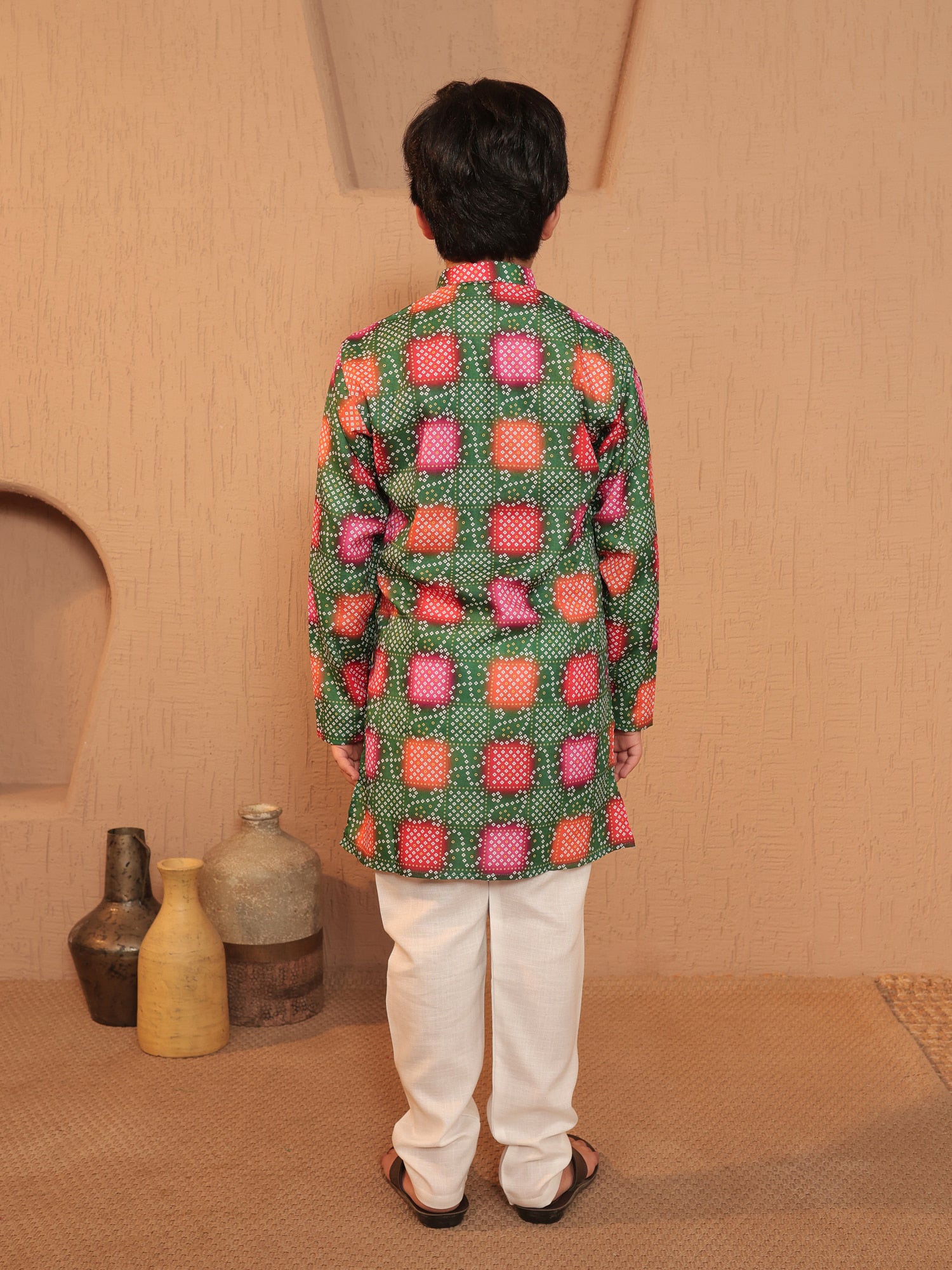 Boys Green Cotton Full sleeves Printed Kurta Pyjama Set