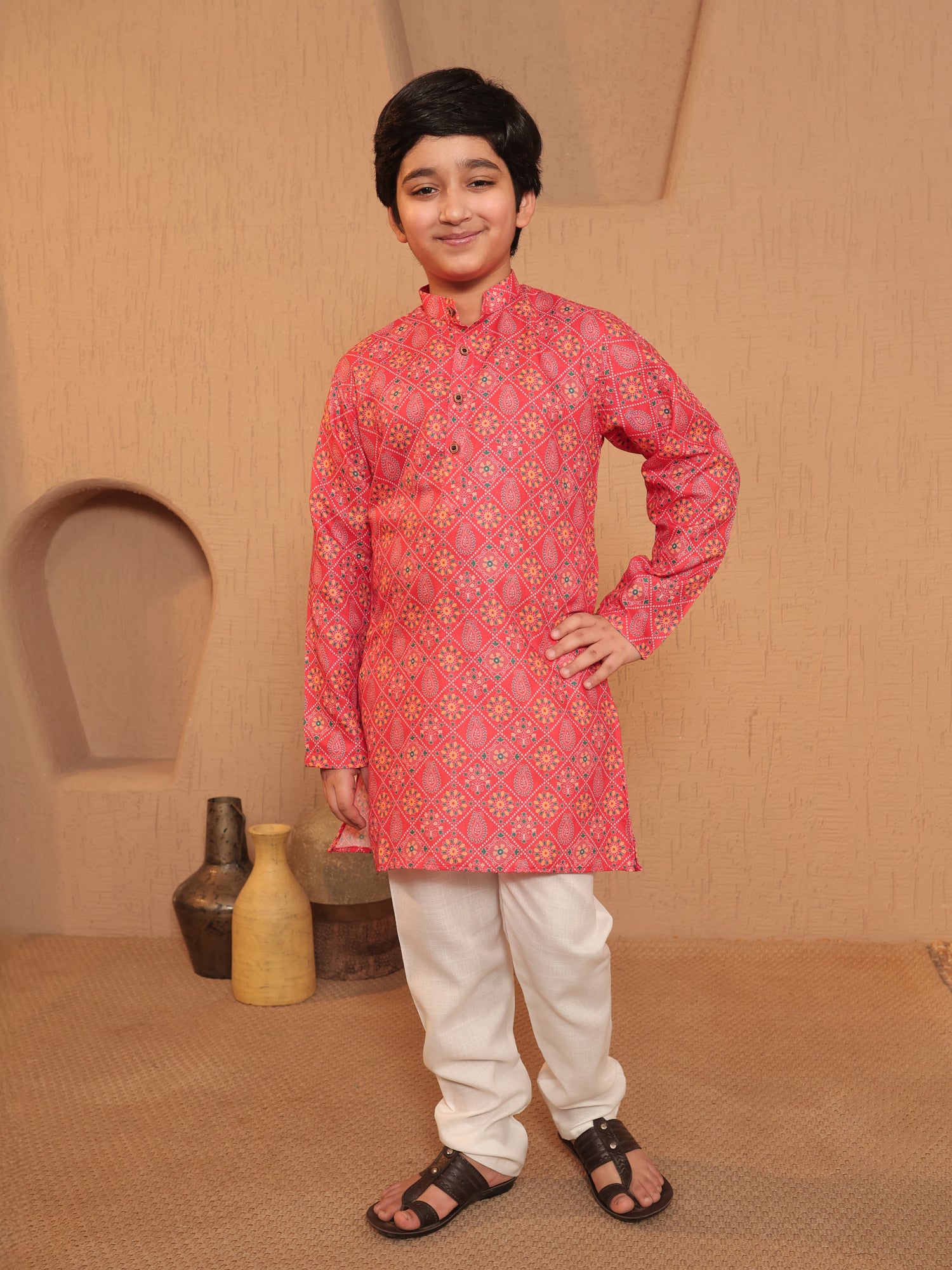 Boys Orange Cotton Full sleeves Printed Kurta Pyjama Set