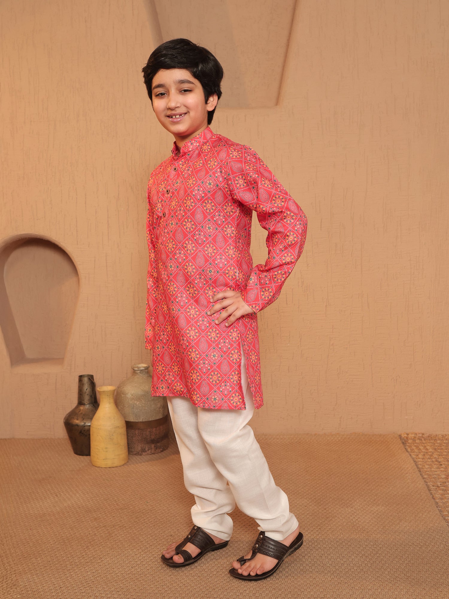 Boys Orange Cotton Full sleeves Printed Kurta Pyjama Set