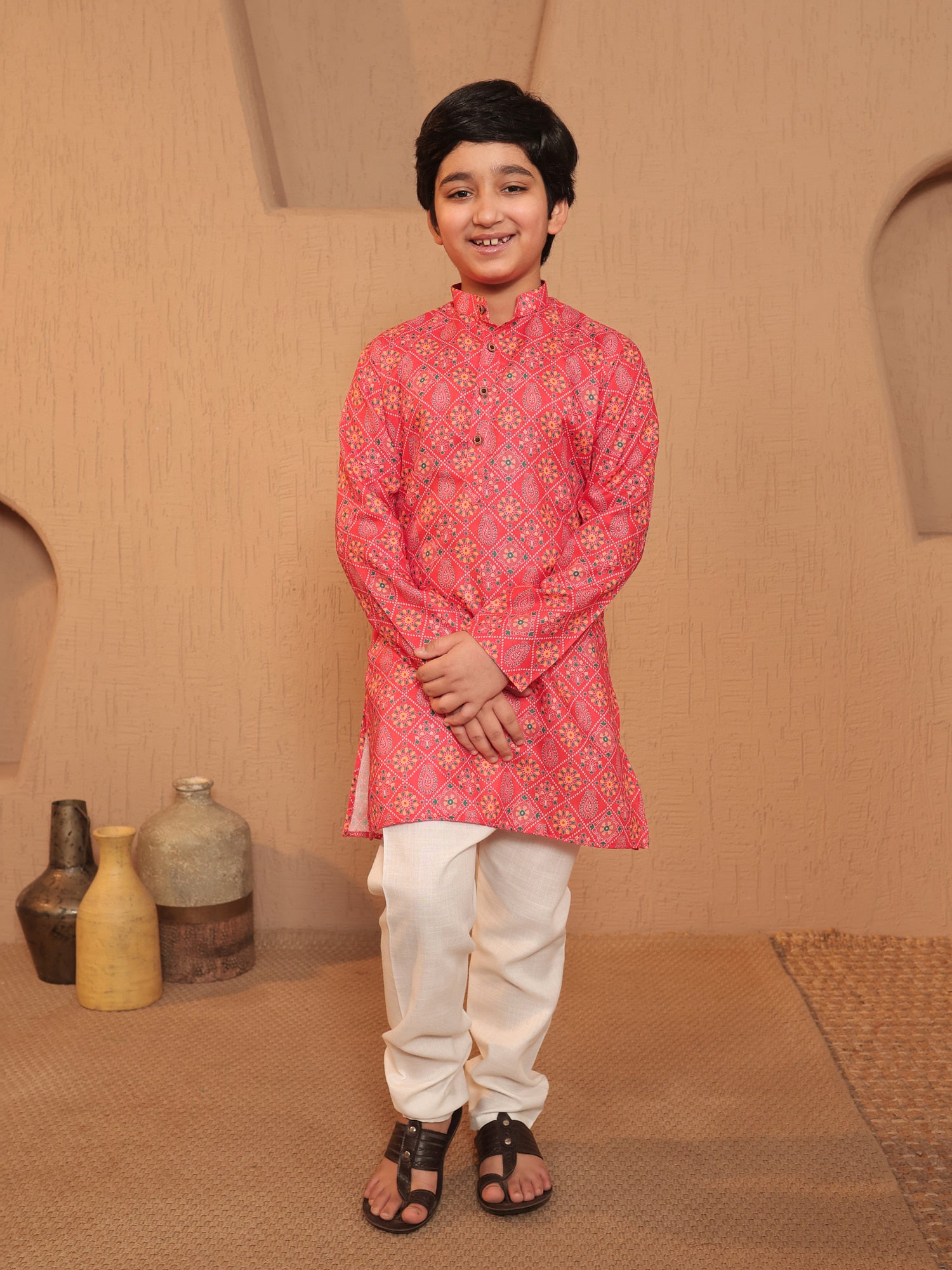 Boys Orange Cotton Full sleeves Printed Kurta Pyjama Set