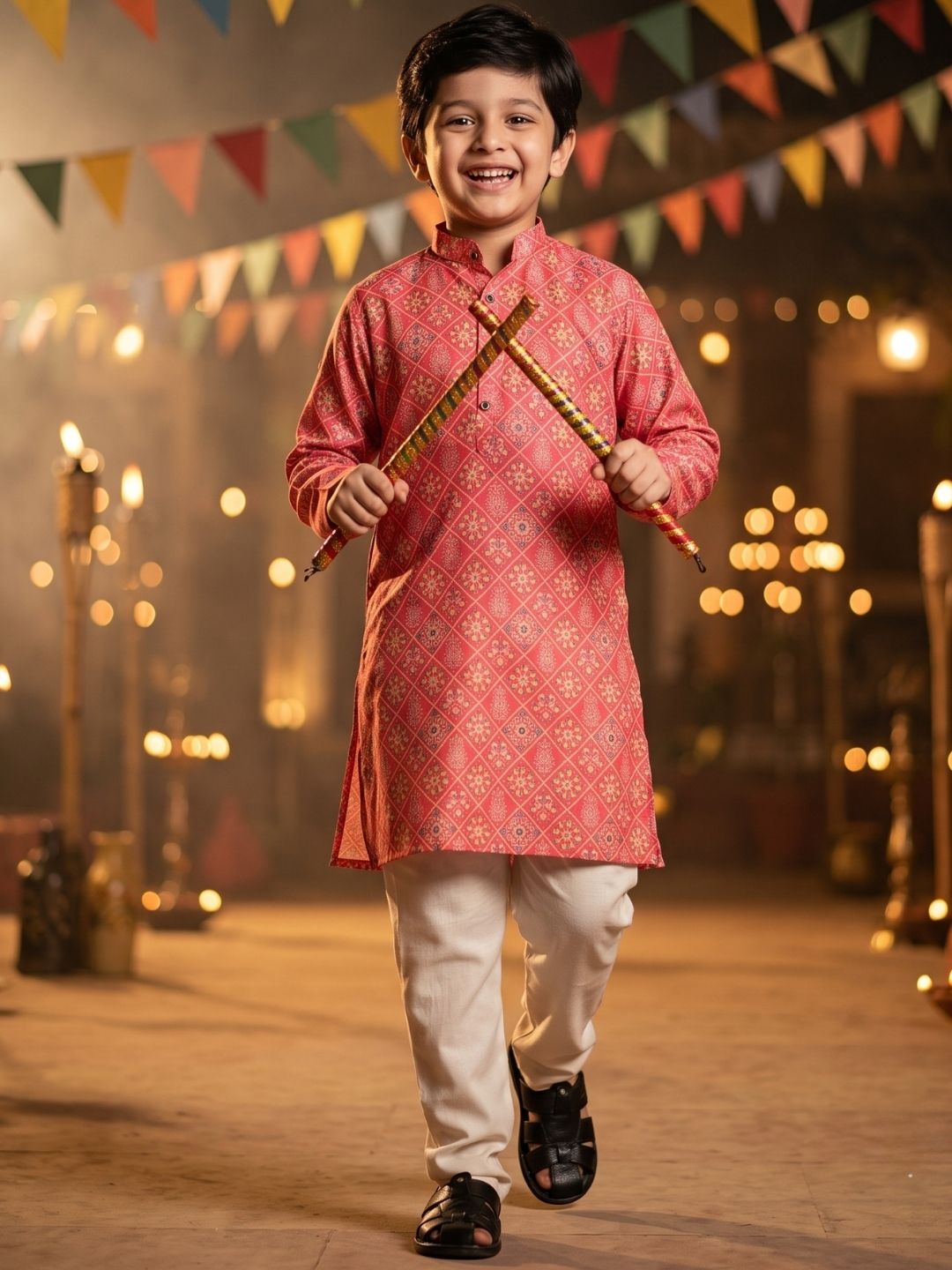 Boys Orange Cotton Full sleeves Printed Kurta Pyjama Set