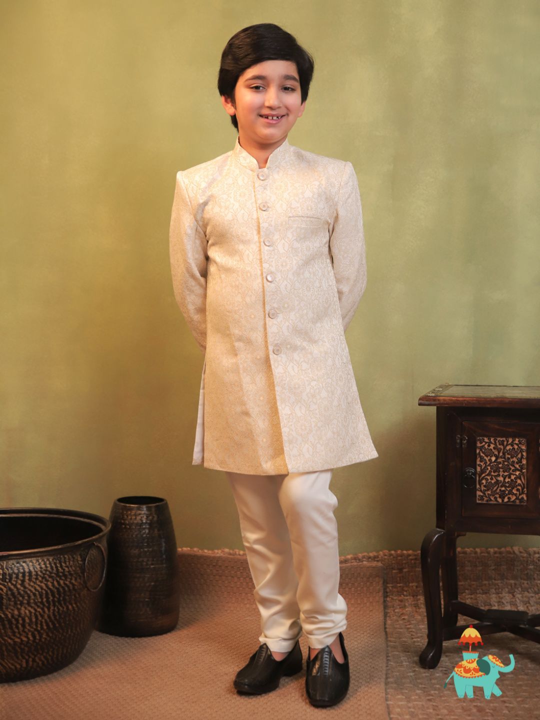 Cream Jacquard Full Sleeves Sherwani with Rich Floral Embroidery for boys