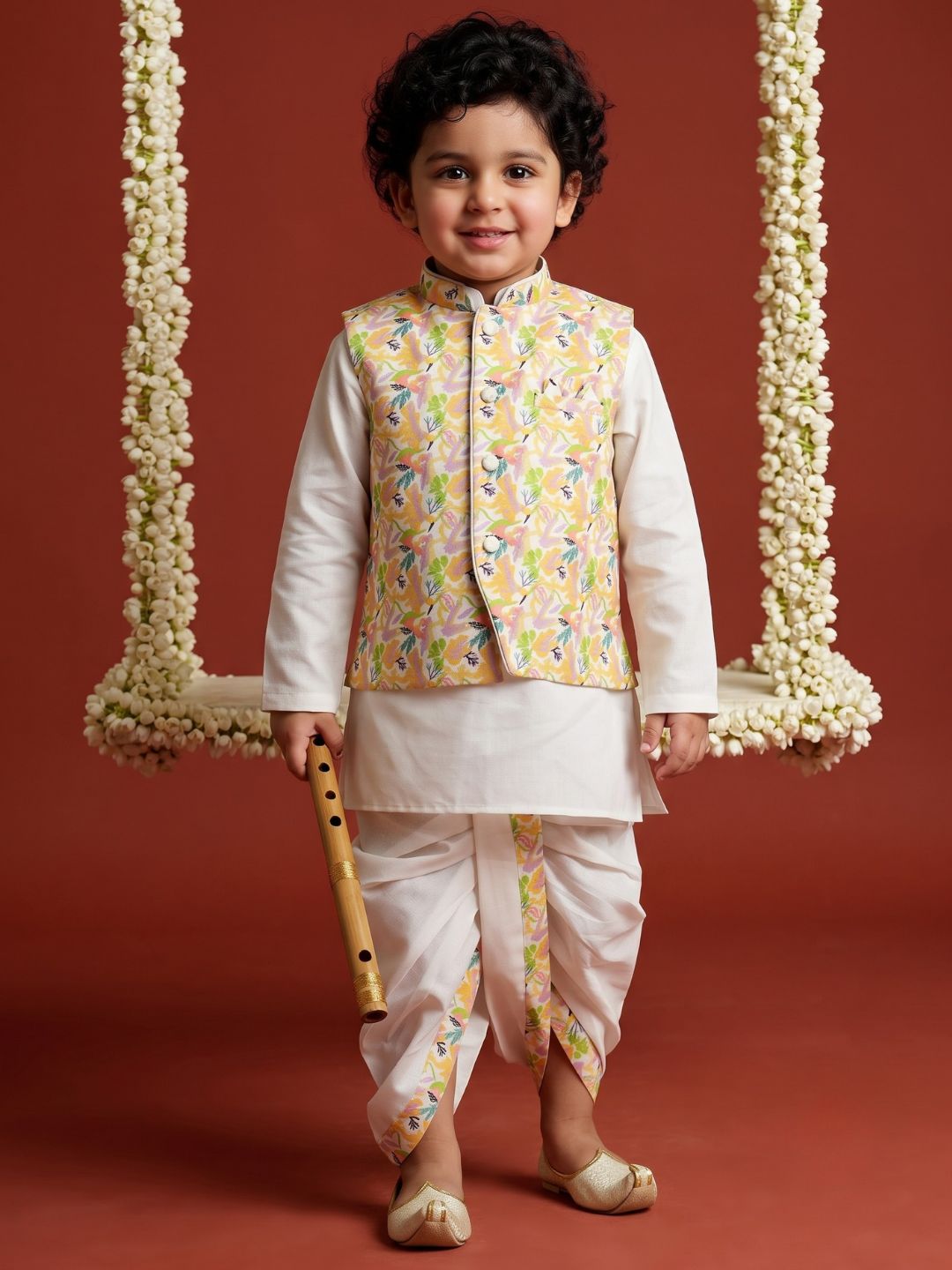 Yellow Cotton Full Sleeves Printed Dhoti Set