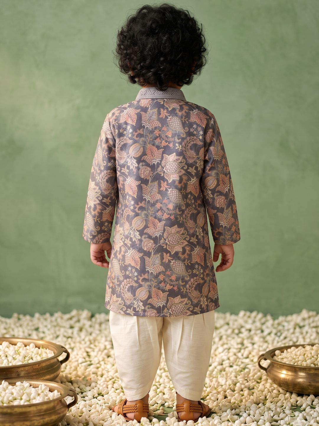 Grey and Peach Foil Print Cotton Blend Kurta and Pyjama For Boys