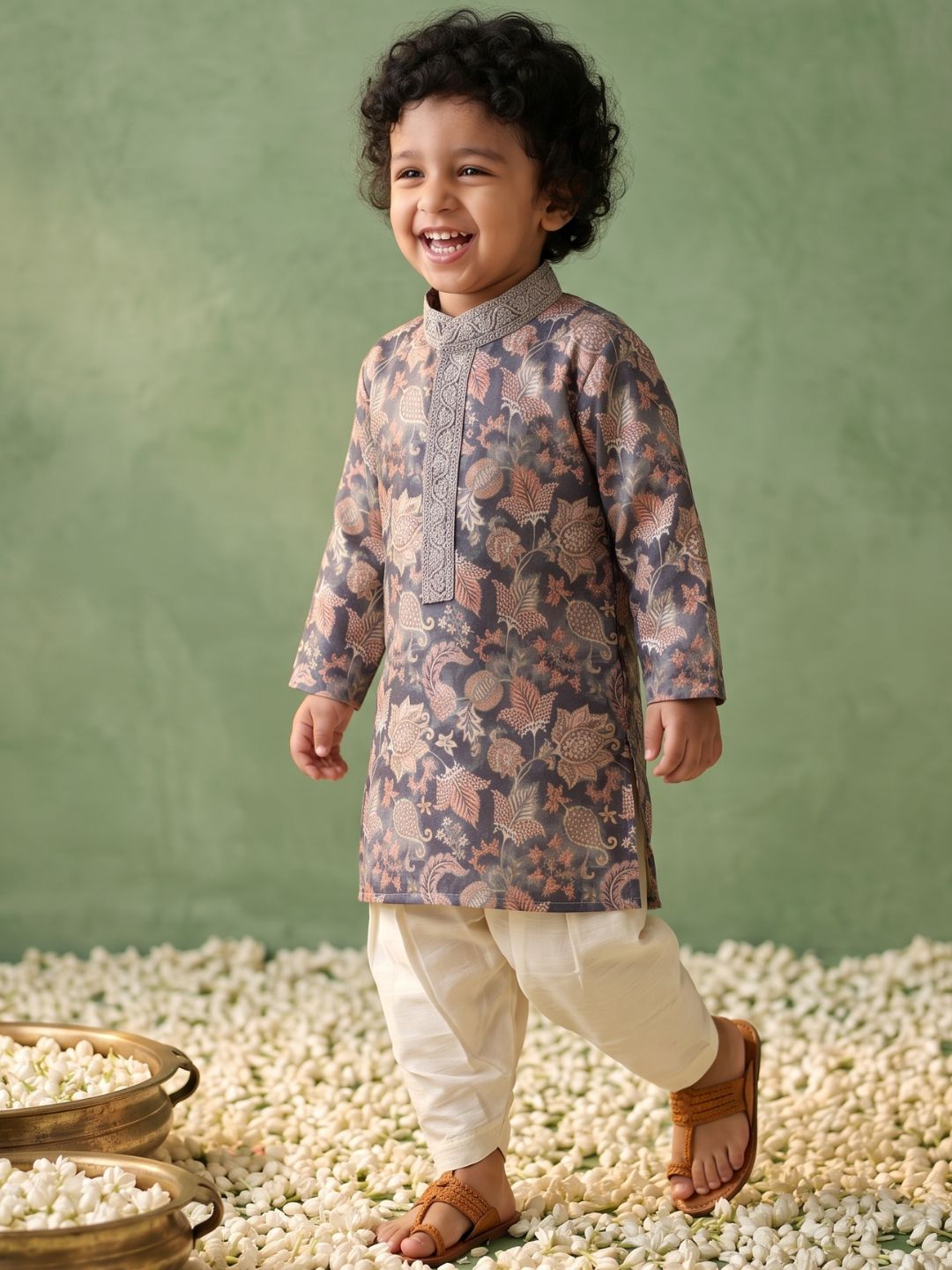 Grey and Peach Foil Print Cotton Blend Kurta and Pyjama For Boys