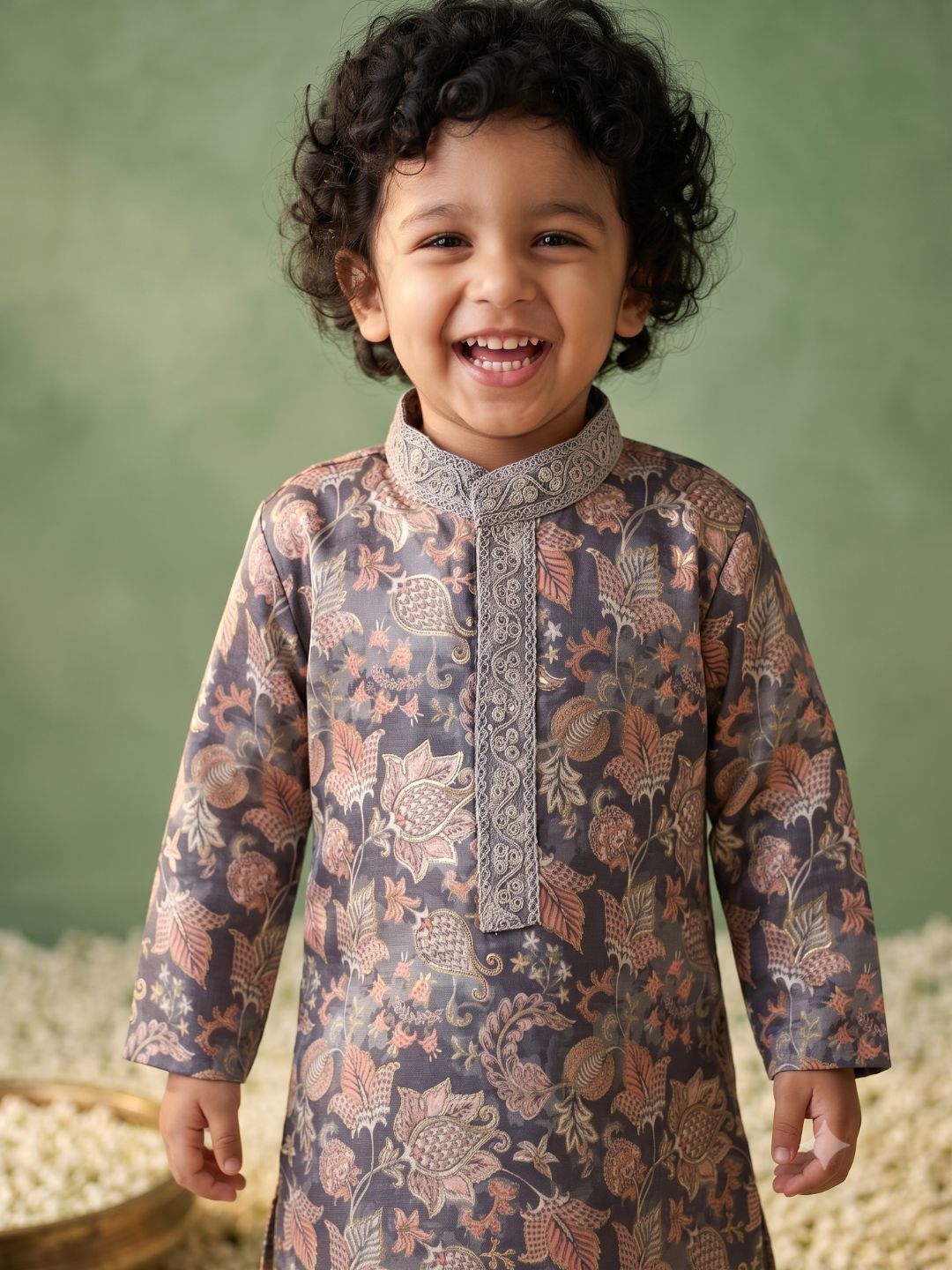 Grey and Peach Foil Print Cotton Blend Kurta and Pyjama For Boys