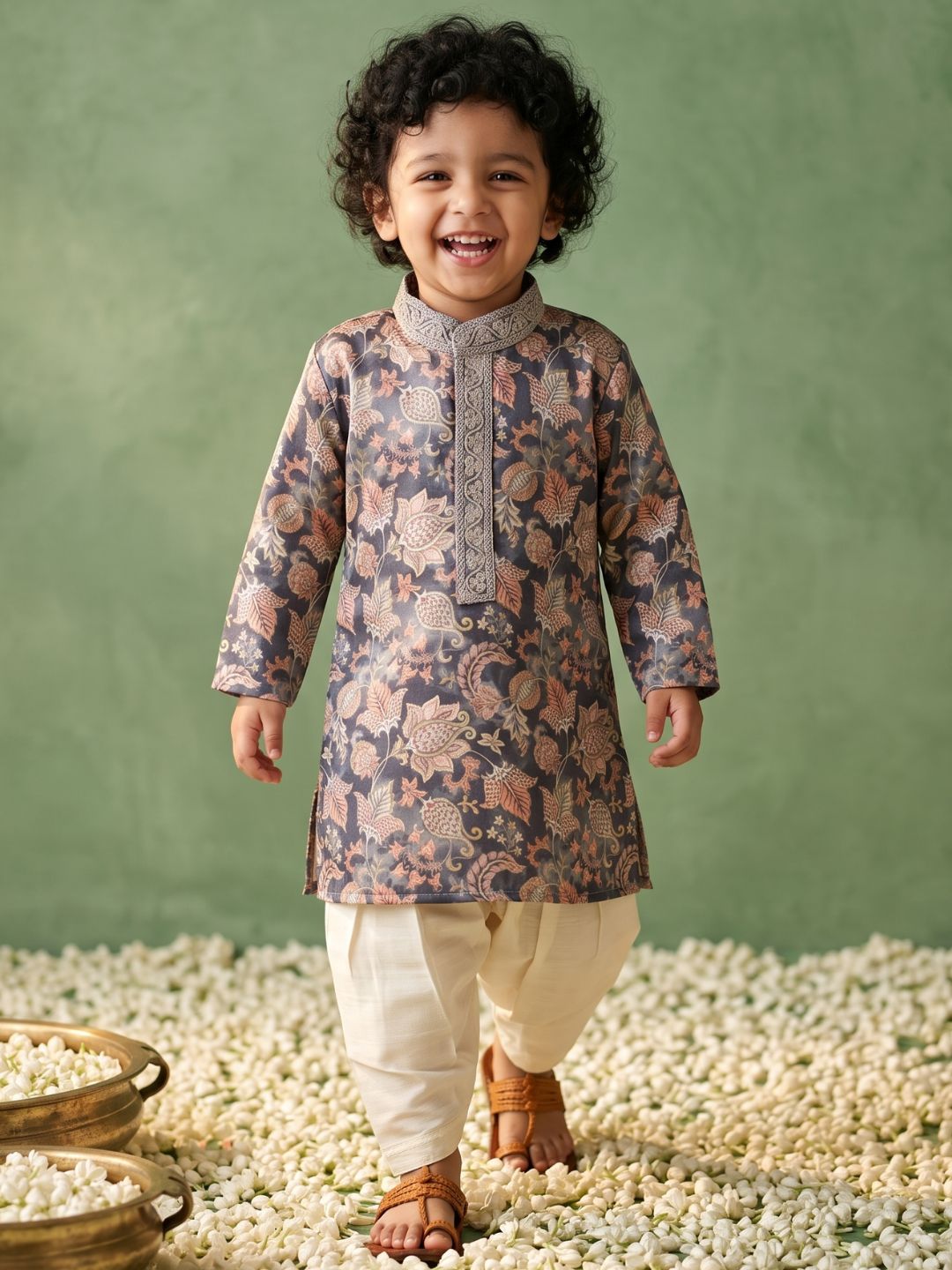 Grey and Peach Foil Print Cotton Blend Kurta and Pyjama For Boys