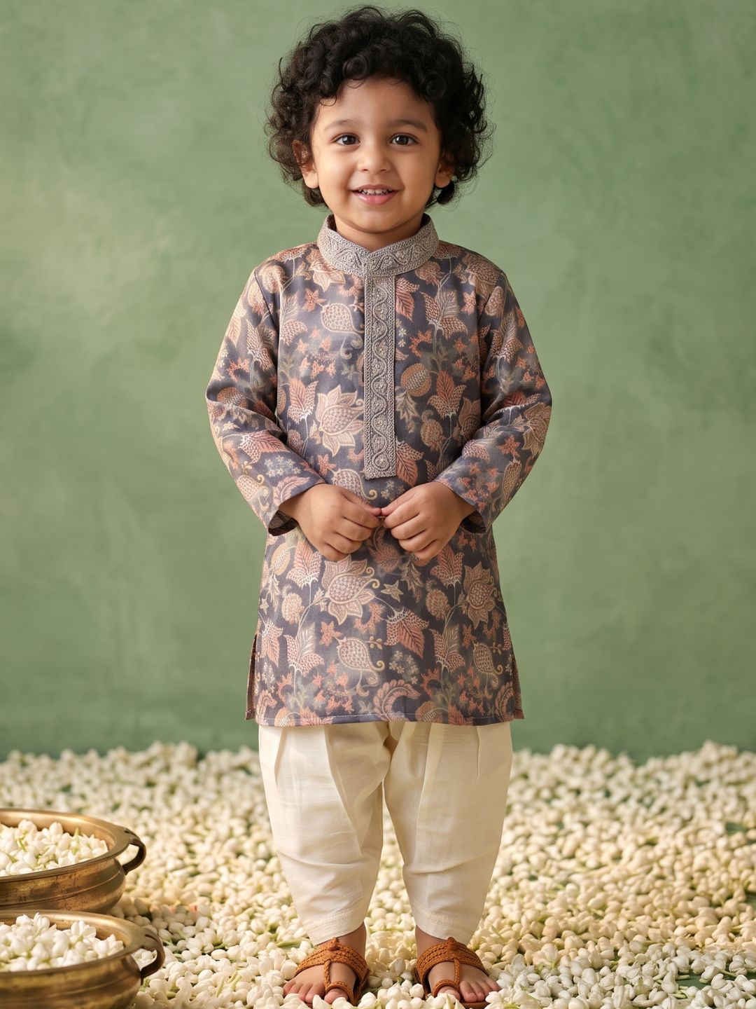 Grey and Peach Foil Print Cotton Blend Kurta and Pyjama For Boys