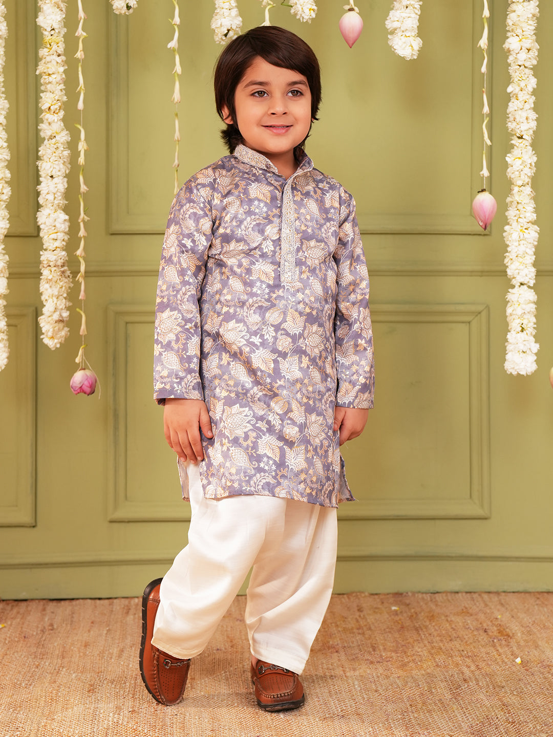 Grey and Yellow Foil Print Cotton Blend Kurta and Pyjama For Boys