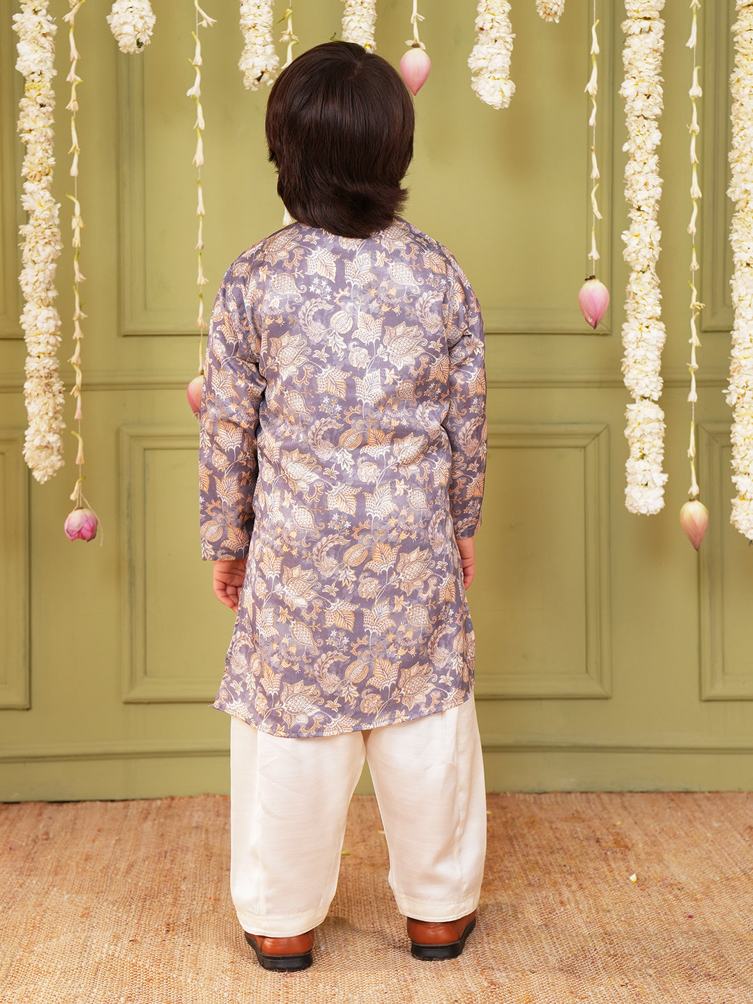 Grey and Yellow Foil Print Cotton Blend Kurta and Pyjama For Boys