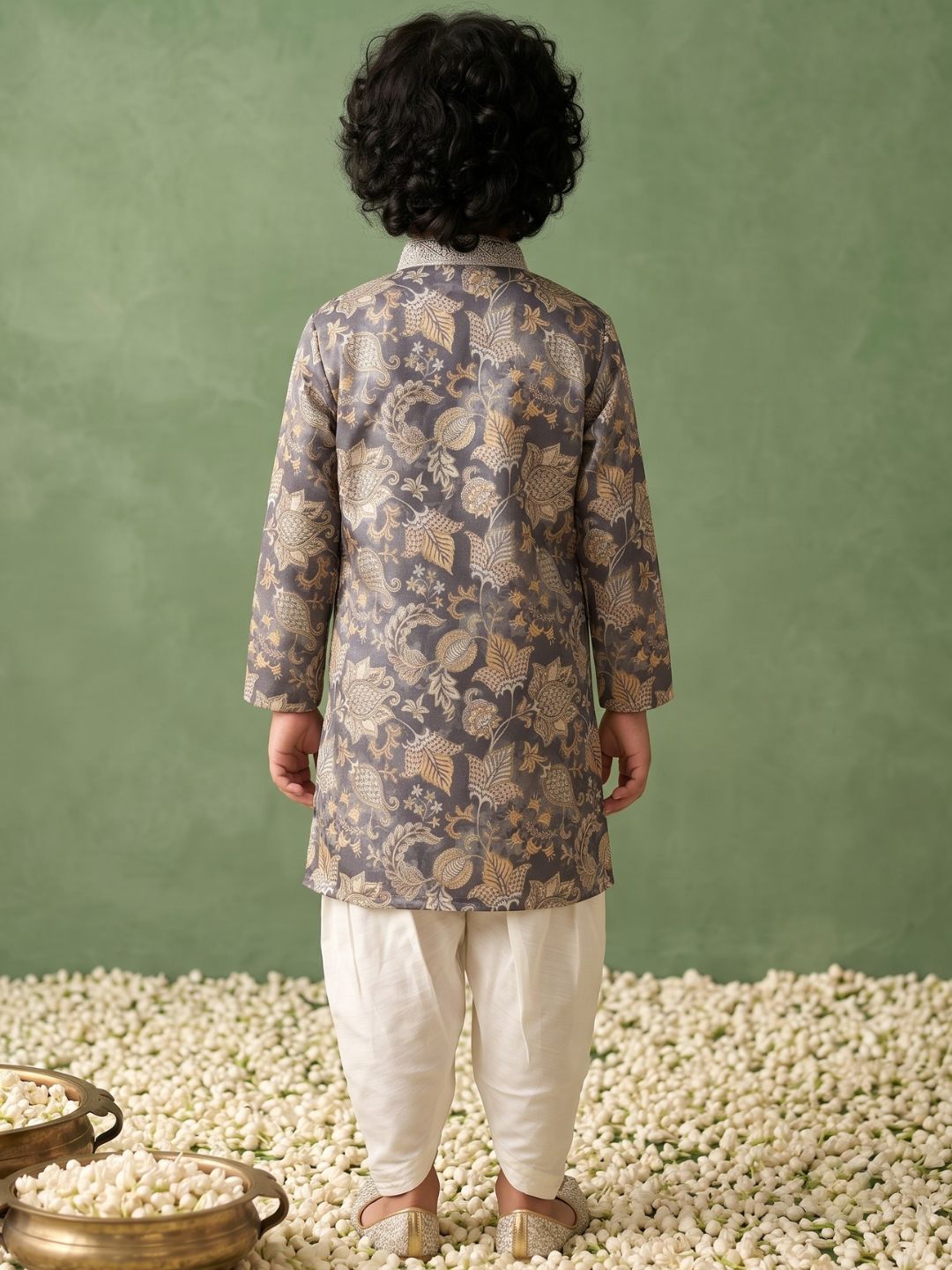 Grey and Yellow Foil Print Cotton Blend Kurta and Pyjama For Boys