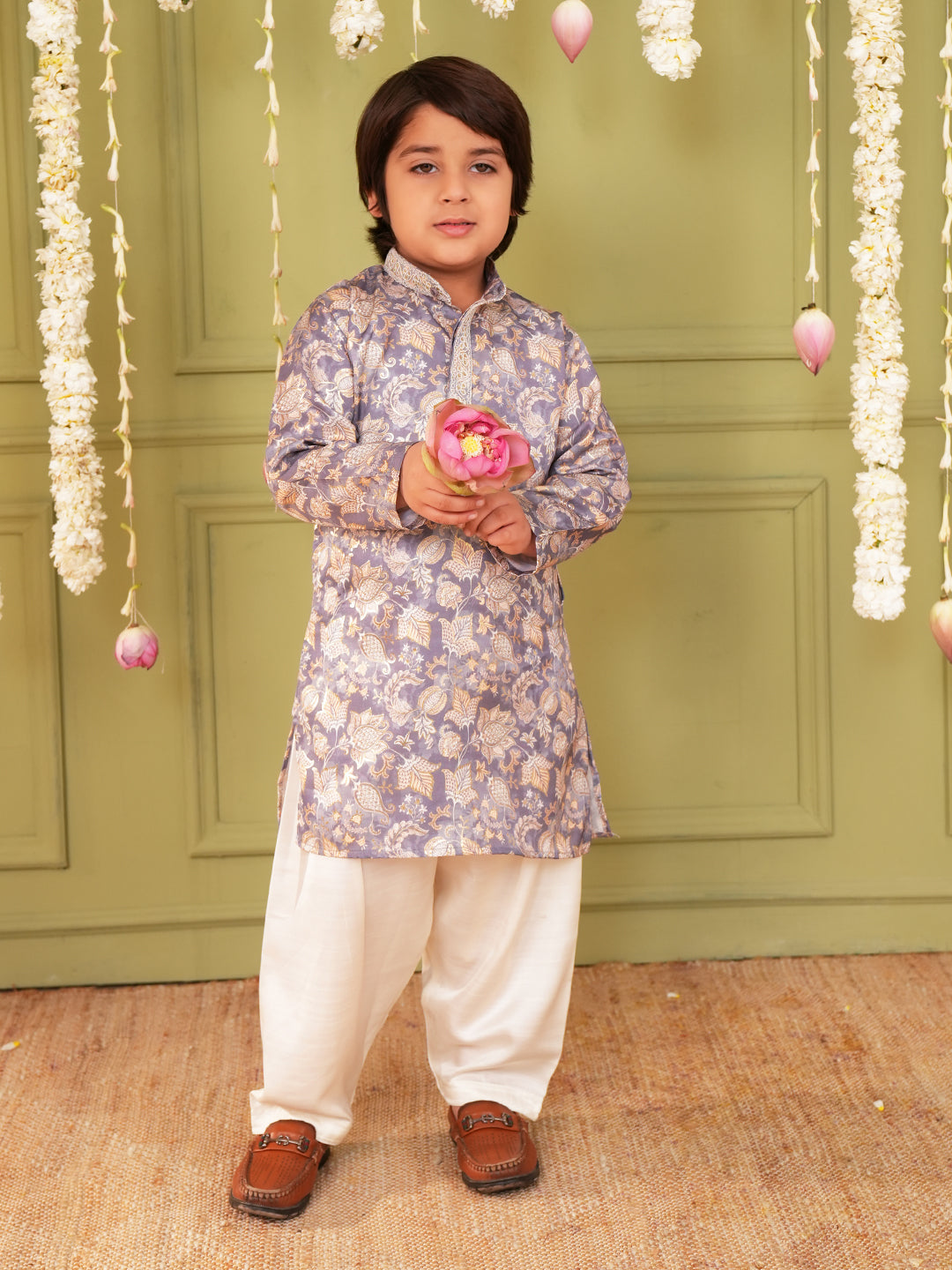 Grey and Yellow Foil Print Cotton Blend Kurta and Pyjama For Boys