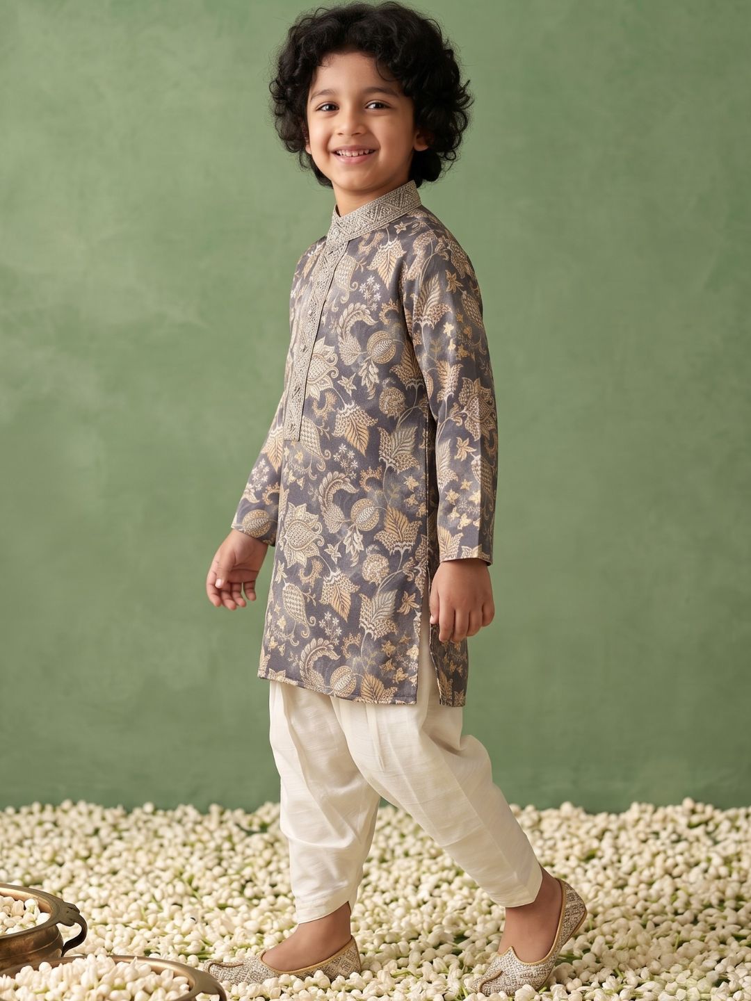Grey and Yellow Foil Print Cotton Blend Kurta and Pyjama For Boys