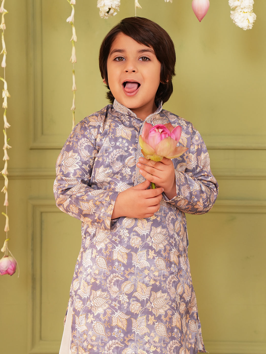 Grey and Yellow Foil Print Cotton Blend Kurta and Pyjama For Boys