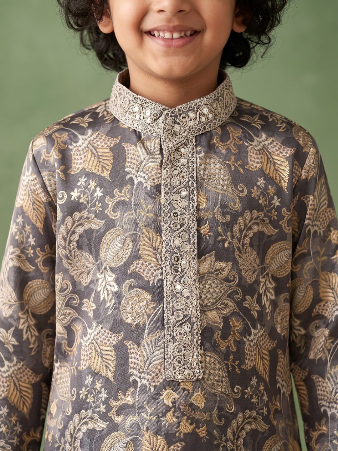 Grey and Yellow Foil Print Cotton Blend Kurta and Pyjama For Boys