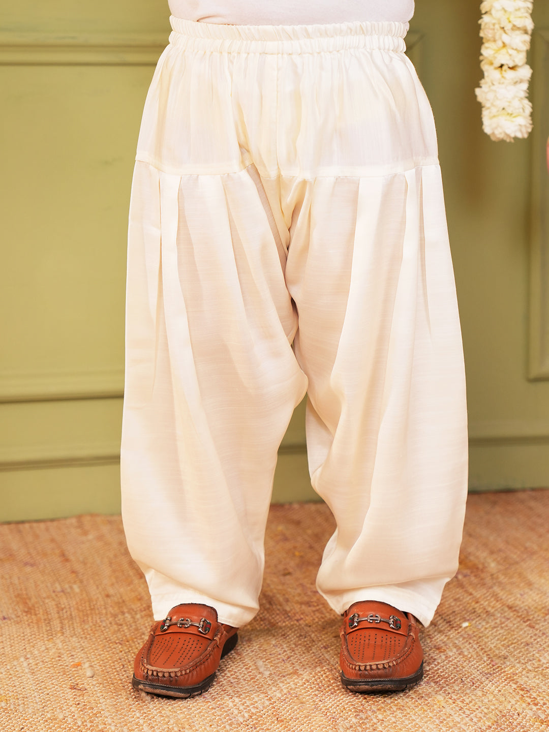 Grey and Yellow Foil Print Cotton Blend Kurta and Pyjama For Boys