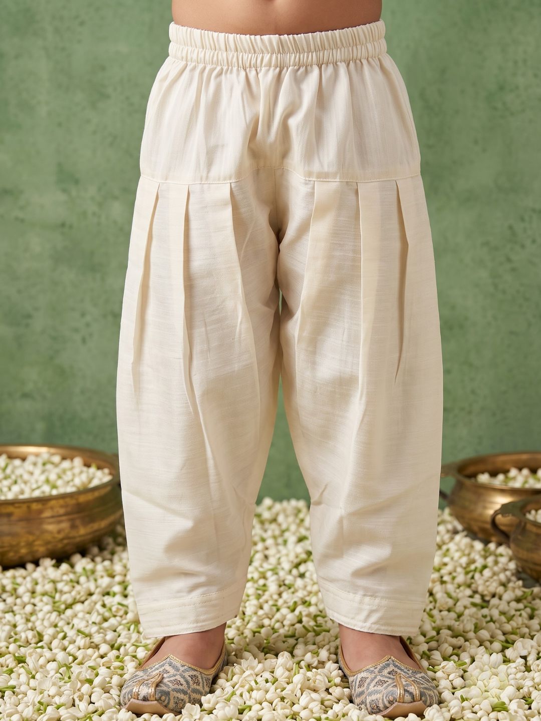 Grey and Yellow Foil Print Cotton Blend Kurta and Pyjama For Boys