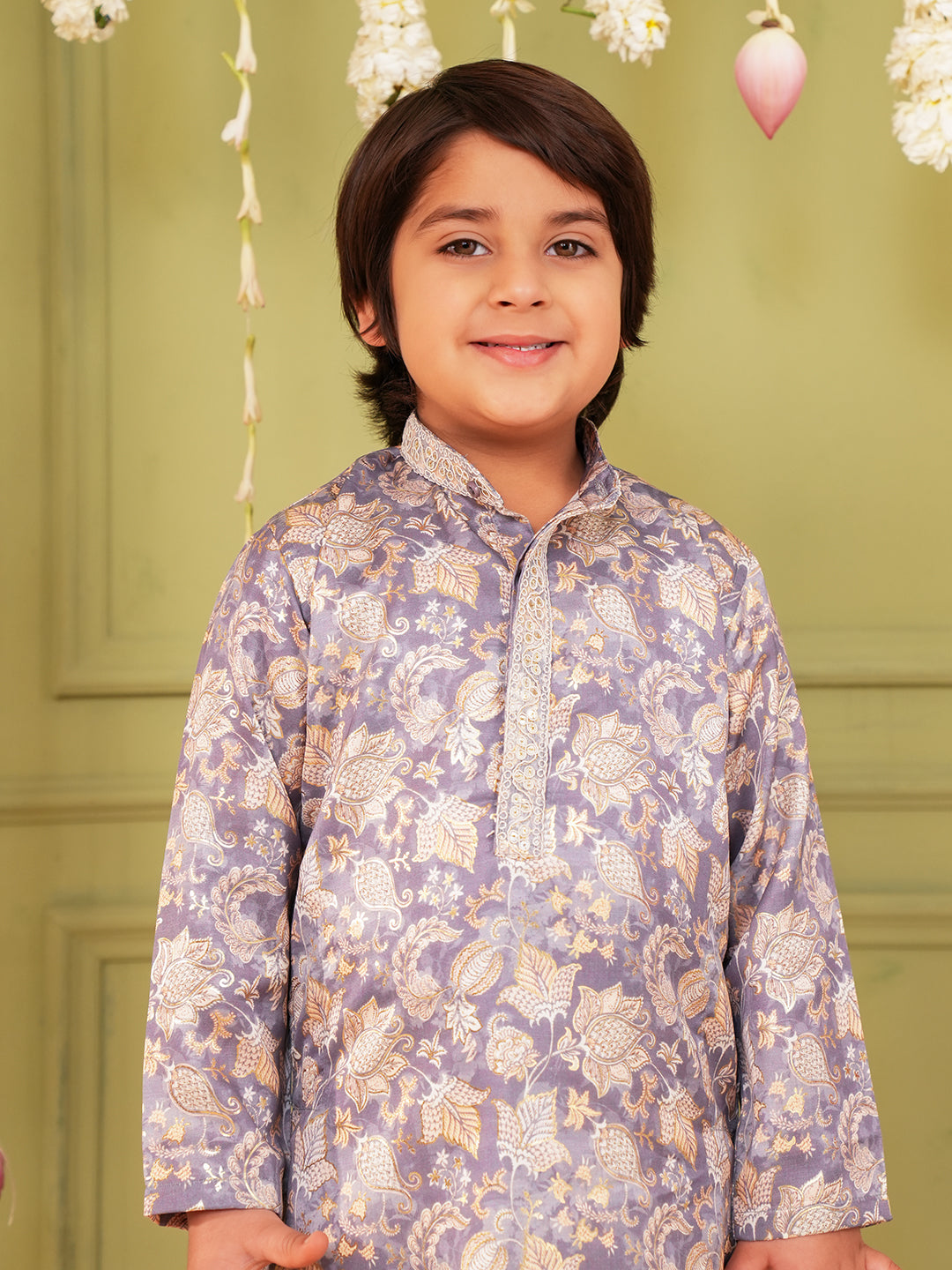 Grey and Yellow Foil Print Cotton Blend Kurta and Pyjama For Boys