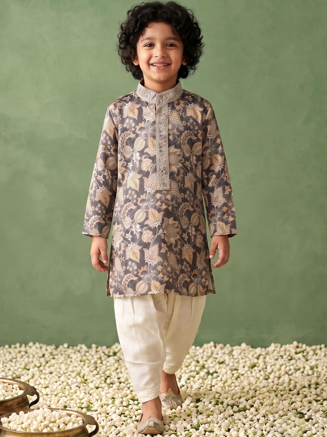Grey and Yellow Foil Print Cotton Blend Kurta and Pyjama For Boys