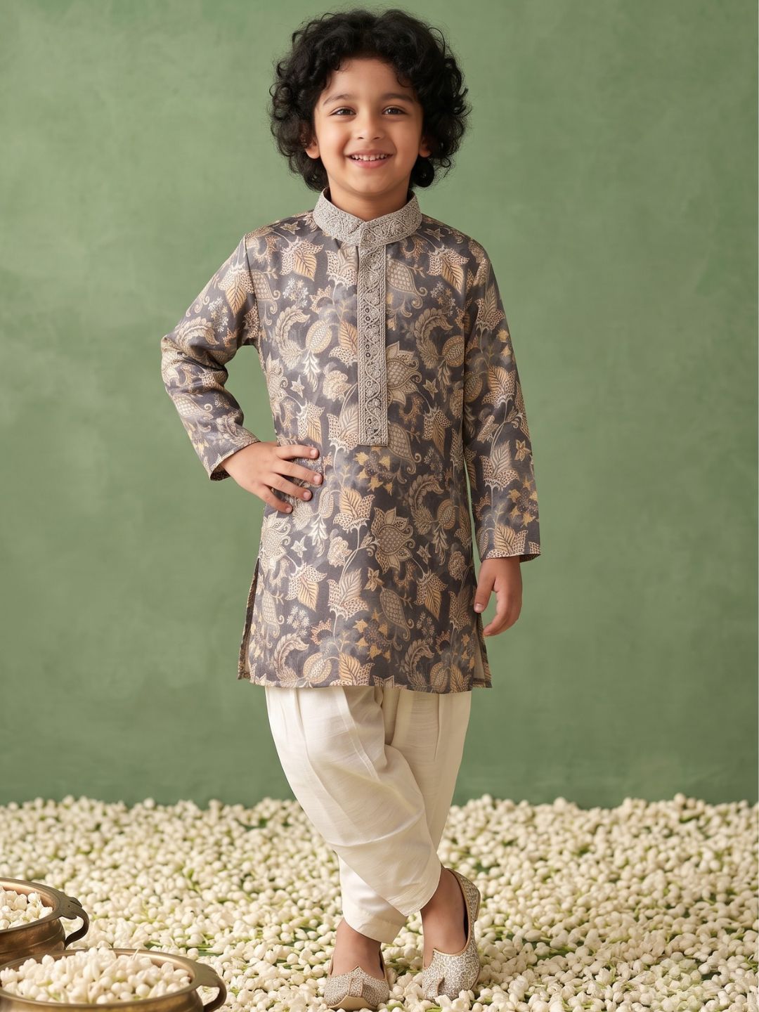 Grey and Yellow Foil Print Cotton Blend Kurta and Pyjama For Boys