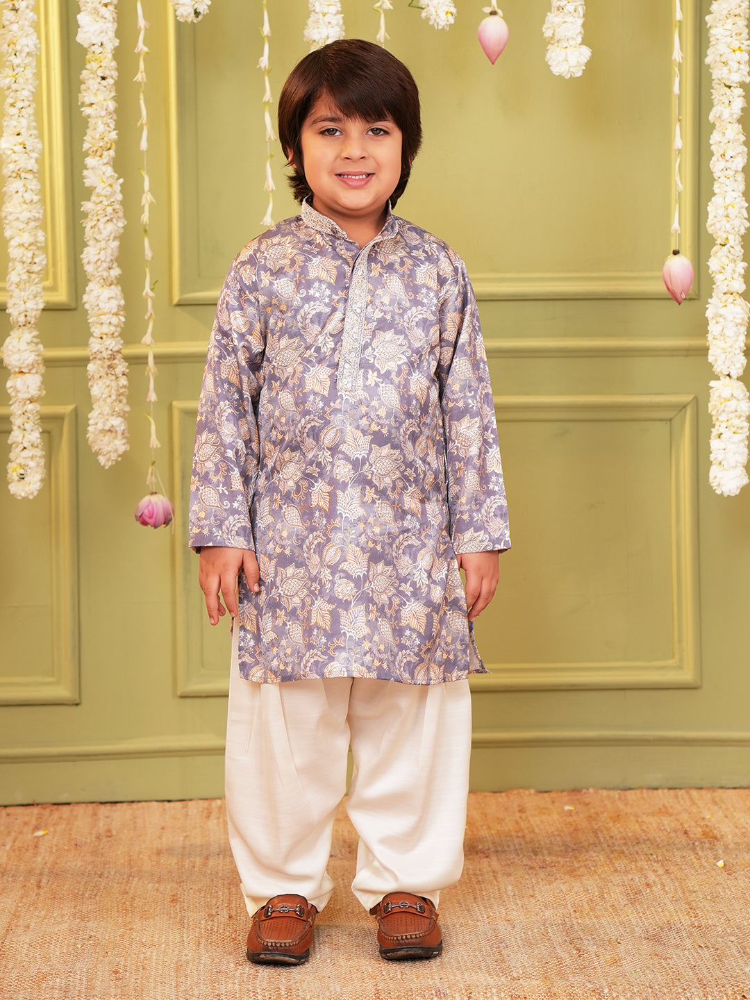 Grey and Yellow Foil Print Cotton Blend Kurta and Pyjama For Boys