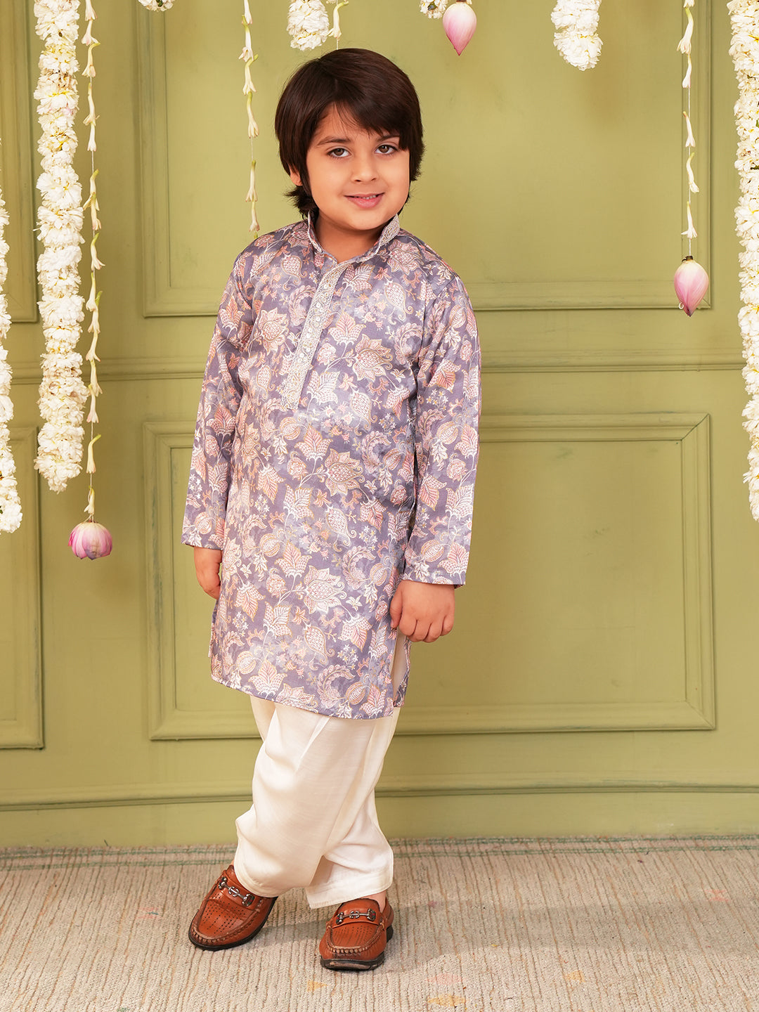 Grey and Yellow Foil Print Cotton Blend Kurta and Pyjama For Boys