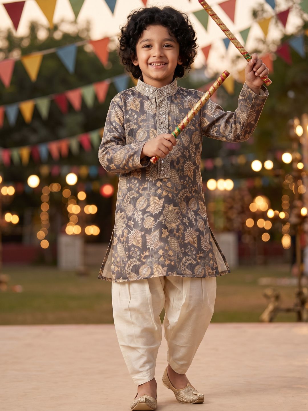 Grey and Yellow Foil Print Cotton Blend Kurta and Pyjama For Boys