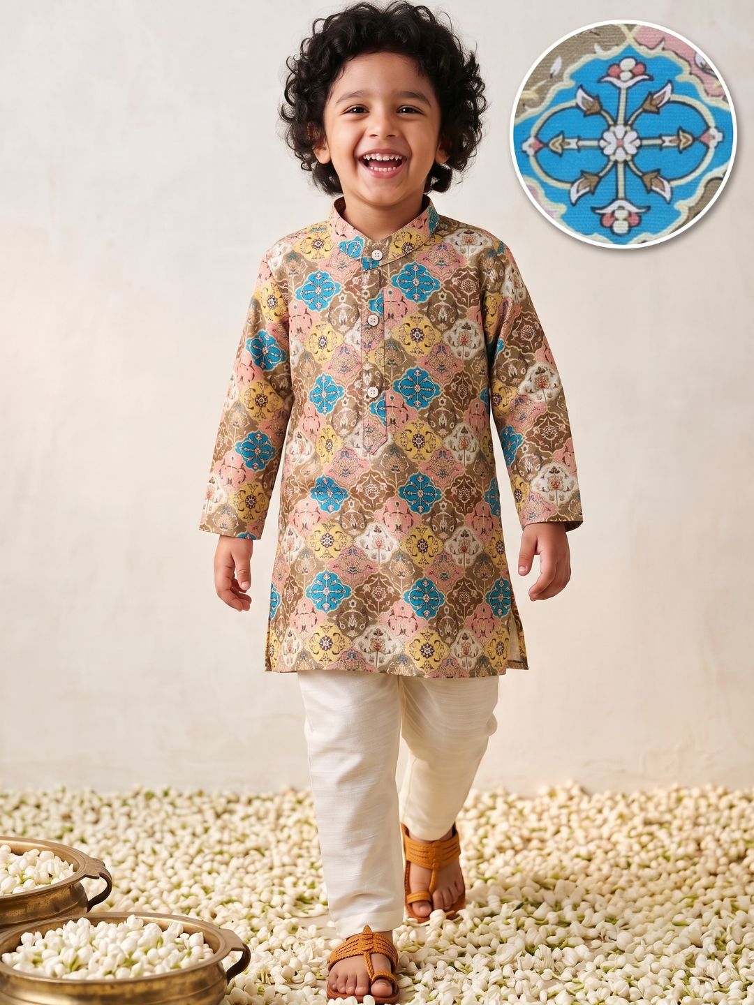 Multi Foil Print Silk Blend Kurta and Pyjama For Boys