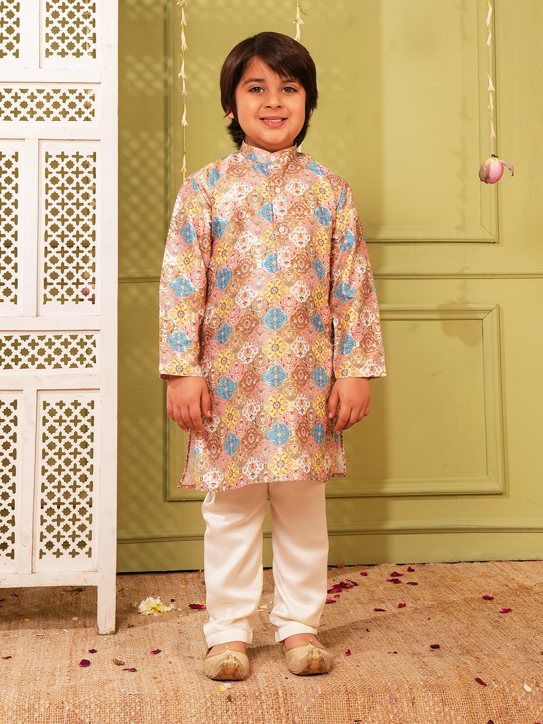 Multi Foil Print Silk Blend Kurta and Pyjama For Boys