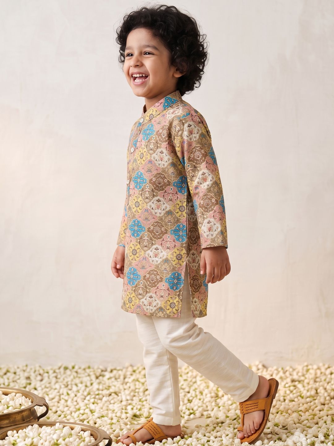 Multi Foil Print Silk Blend Kurta and Pyjama For Boys