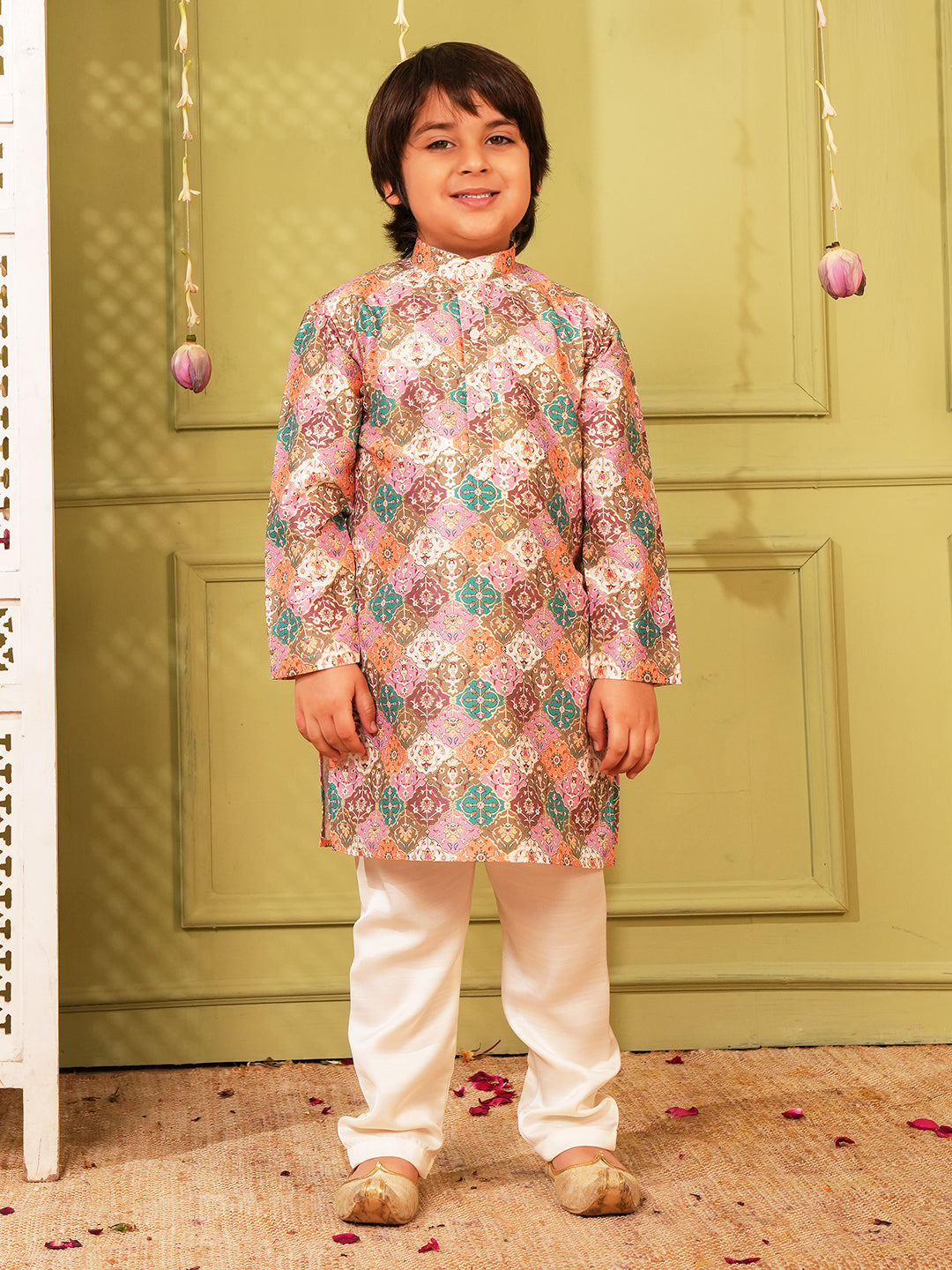 Multi Foil Print Silk Blend Kurta and Pyjama For Boys