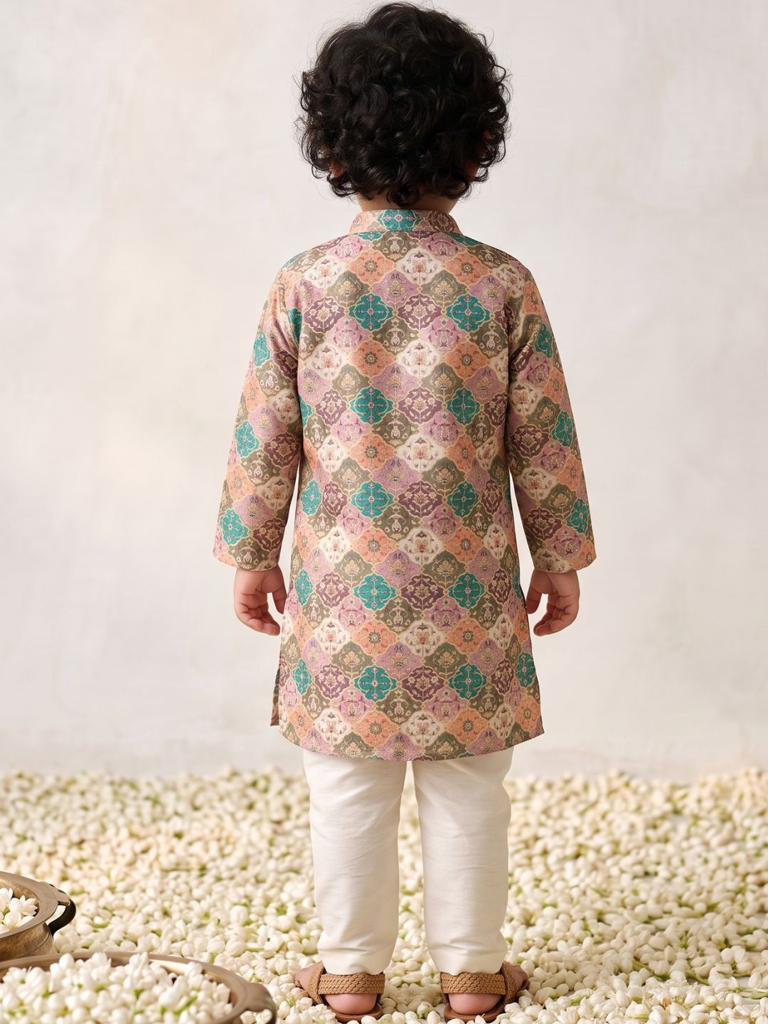 Multi Foil Print Silk Blend Kurta and Pyjama For Boys