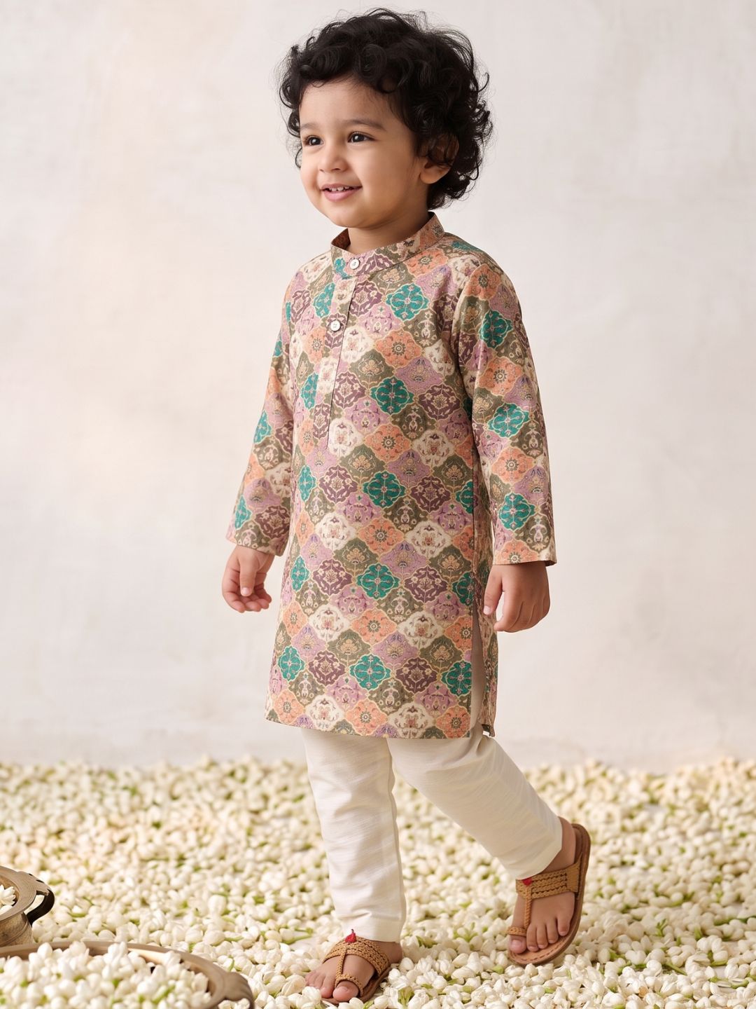 Multi Foil Print Silk Blend Kurta and Pyjama For Boys