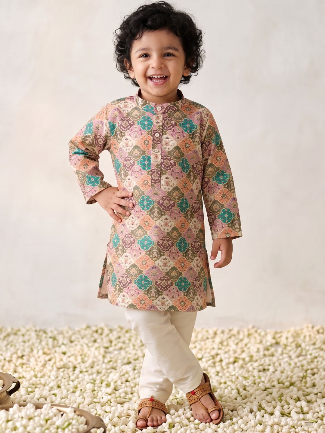 Multi Foil Print Silk Blend Kurta and Pyjama For Boys