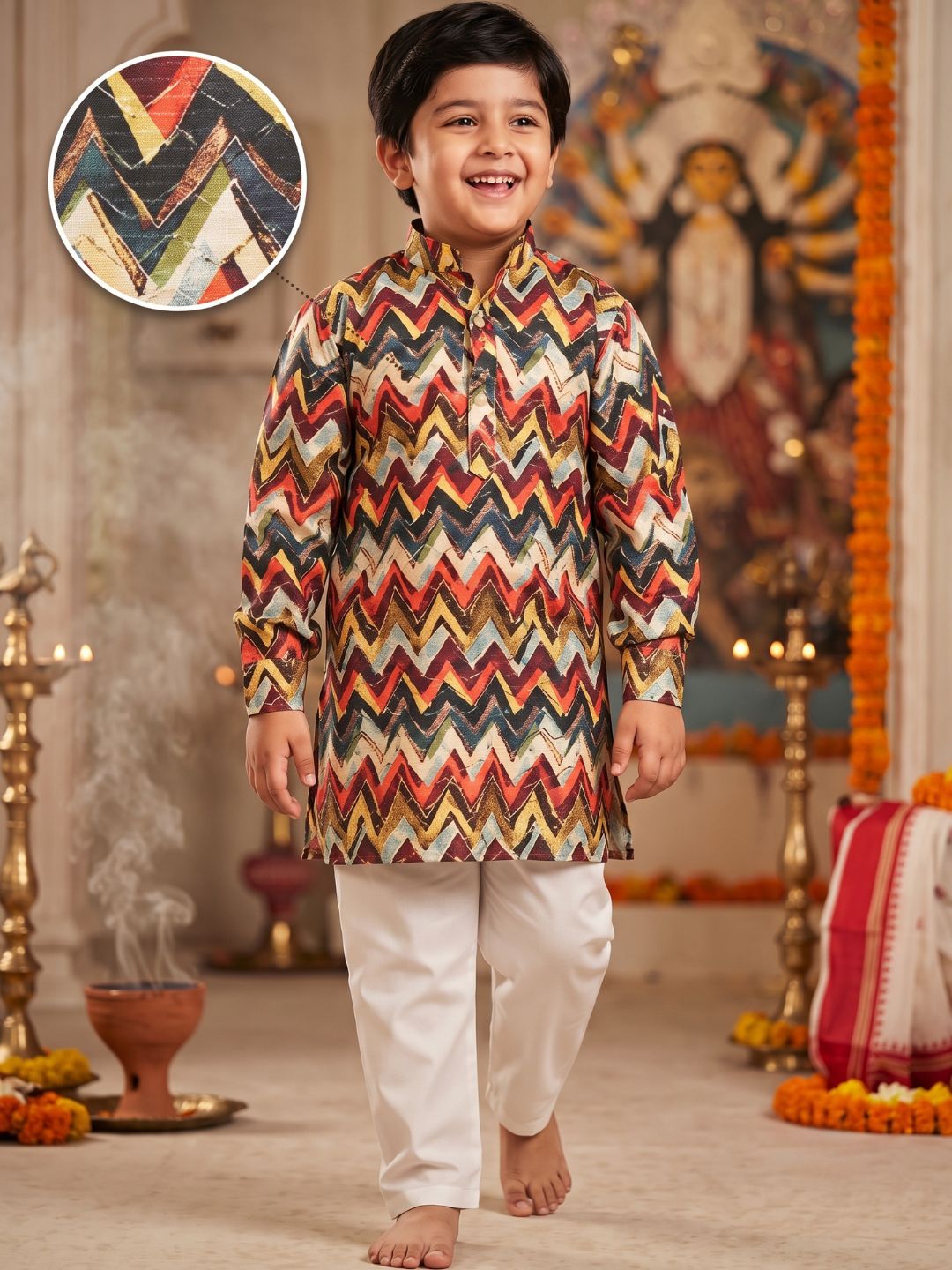 Multi-Color Printed and Embroidered Cotton Blend Kurta and Pyjama For Boys