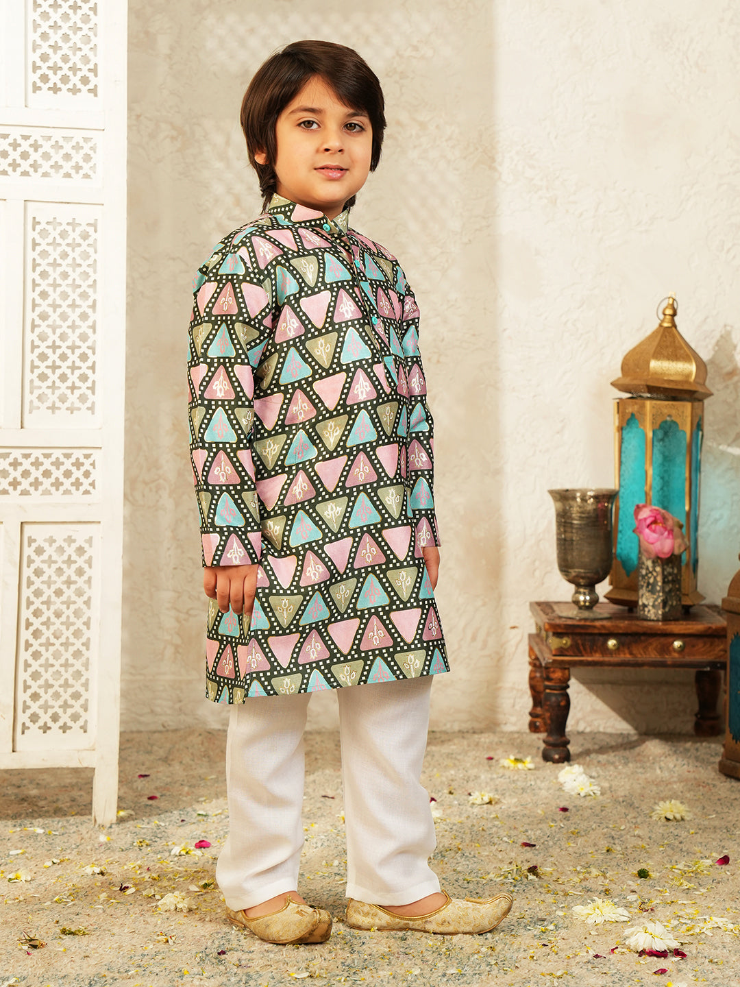 Black Foil Print Cotton Blend Kurta and Pyjama For Boys