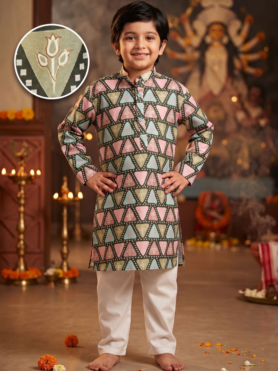 Black Foil Print Cotton Blend Kurta and Pyjama For Boys