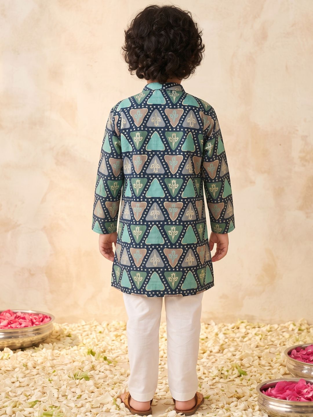 Blue Foil Print Cotton Blend Kurta and Pyjama For Boys