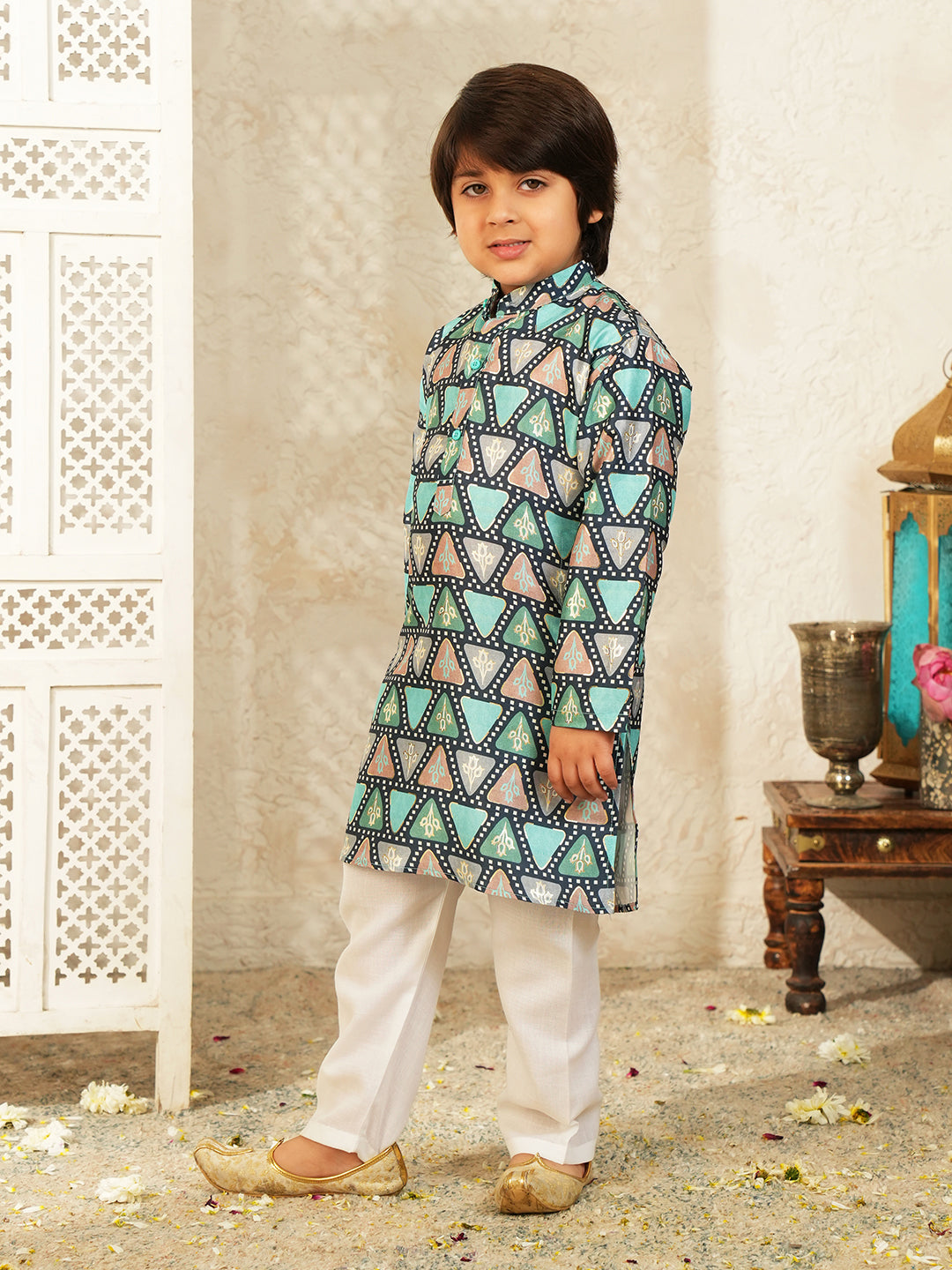 Blue Foil Print Cotton Blend Kurta and Pyjama For Boys