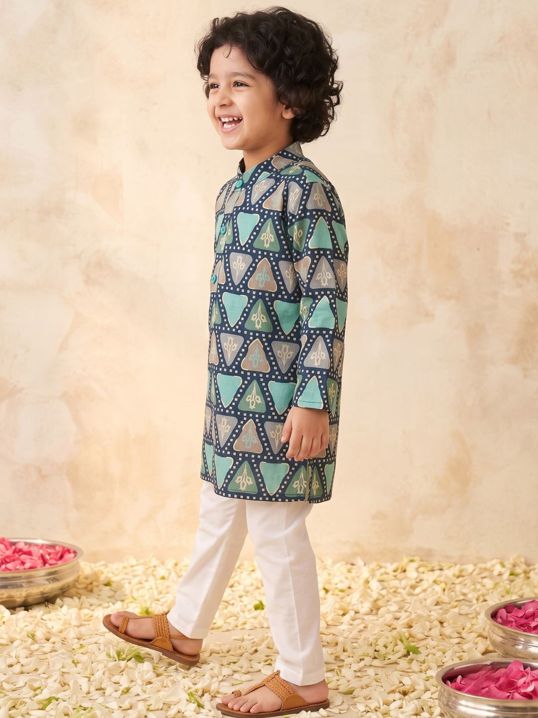 Blue Foil Print Cotton Blend Kurta and Pyjama For Boys