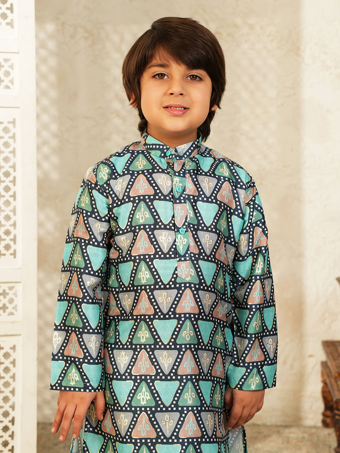 Blue Foil Print Cotton Blend Kurta and Pyjama For Boys