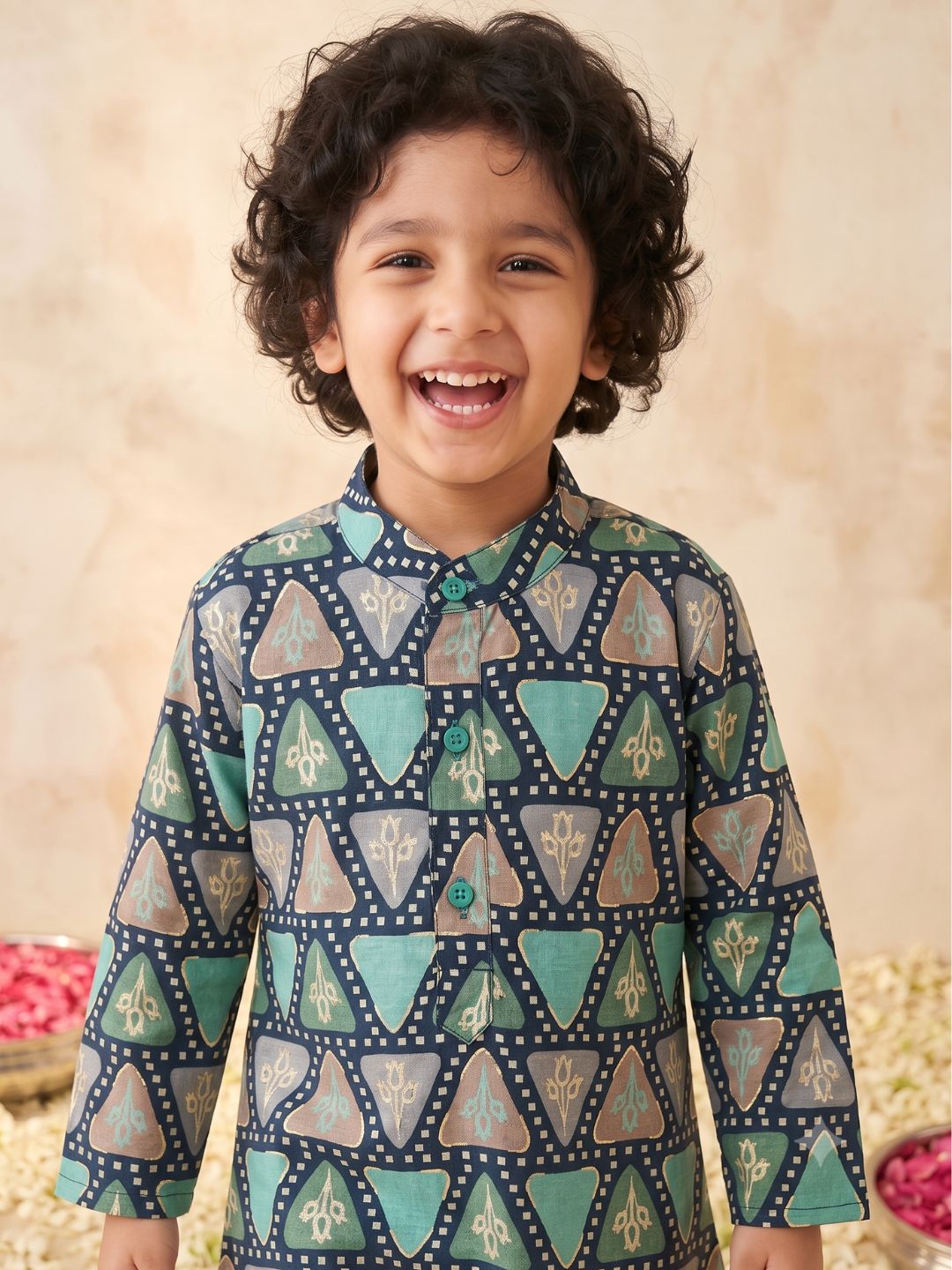 Blue Foil Print Cotton Blend Kurta and Pyjama For Boys