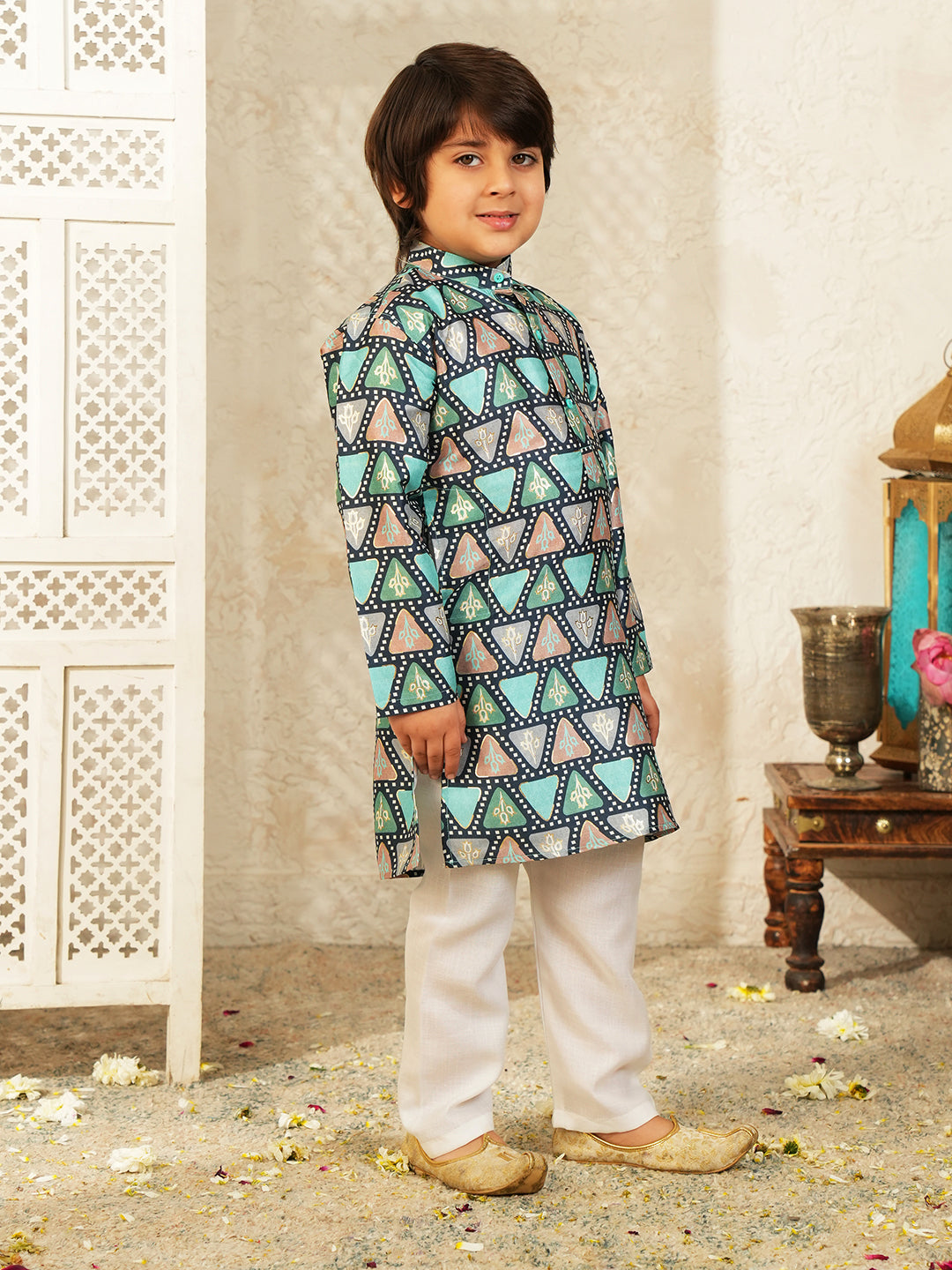 Blue Foil Print Cotton Blend Kurta and Pyjama For Boys