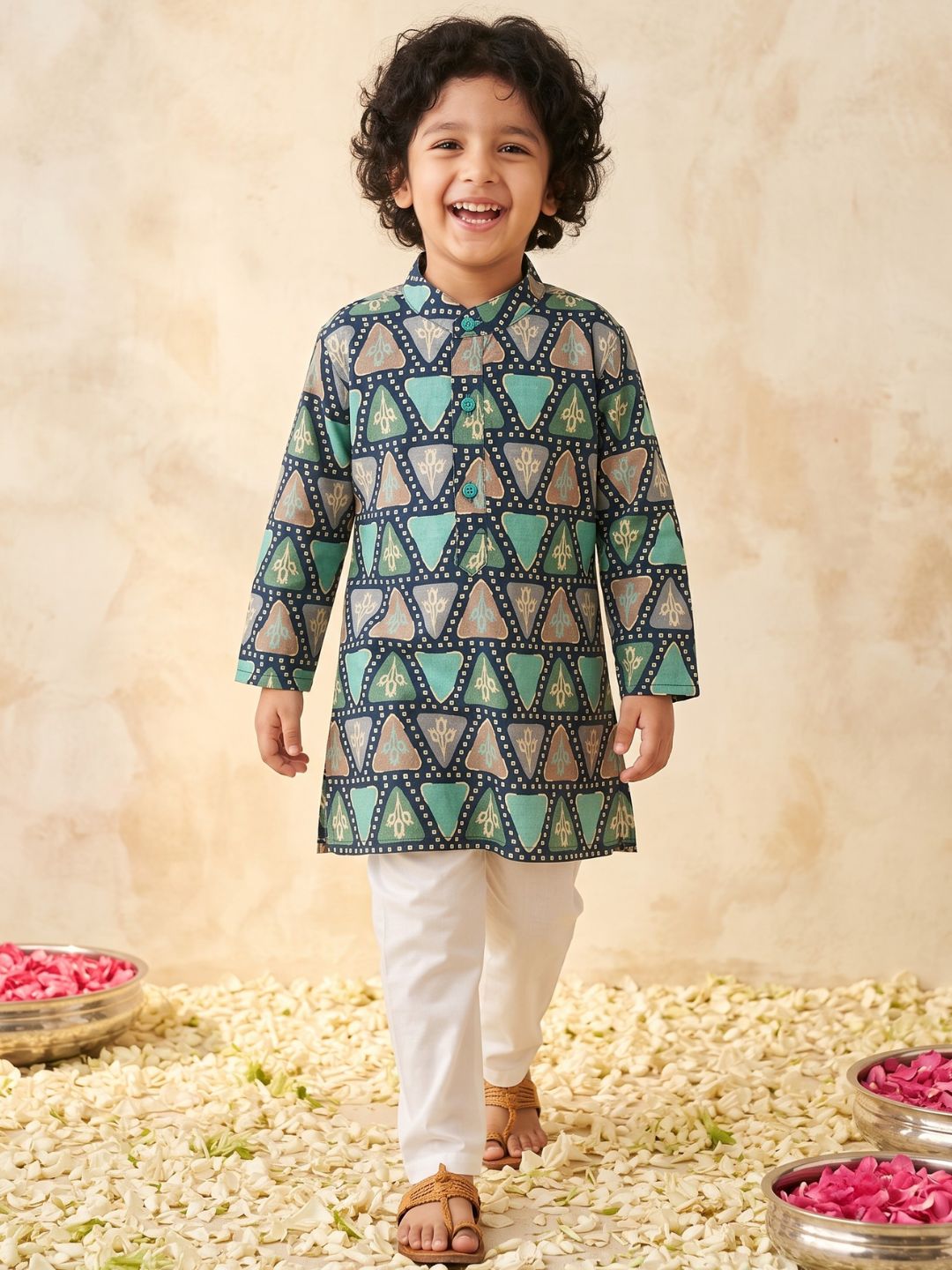 Blue Foil Print Cotton Blend Kurta and Pyjama For Boys