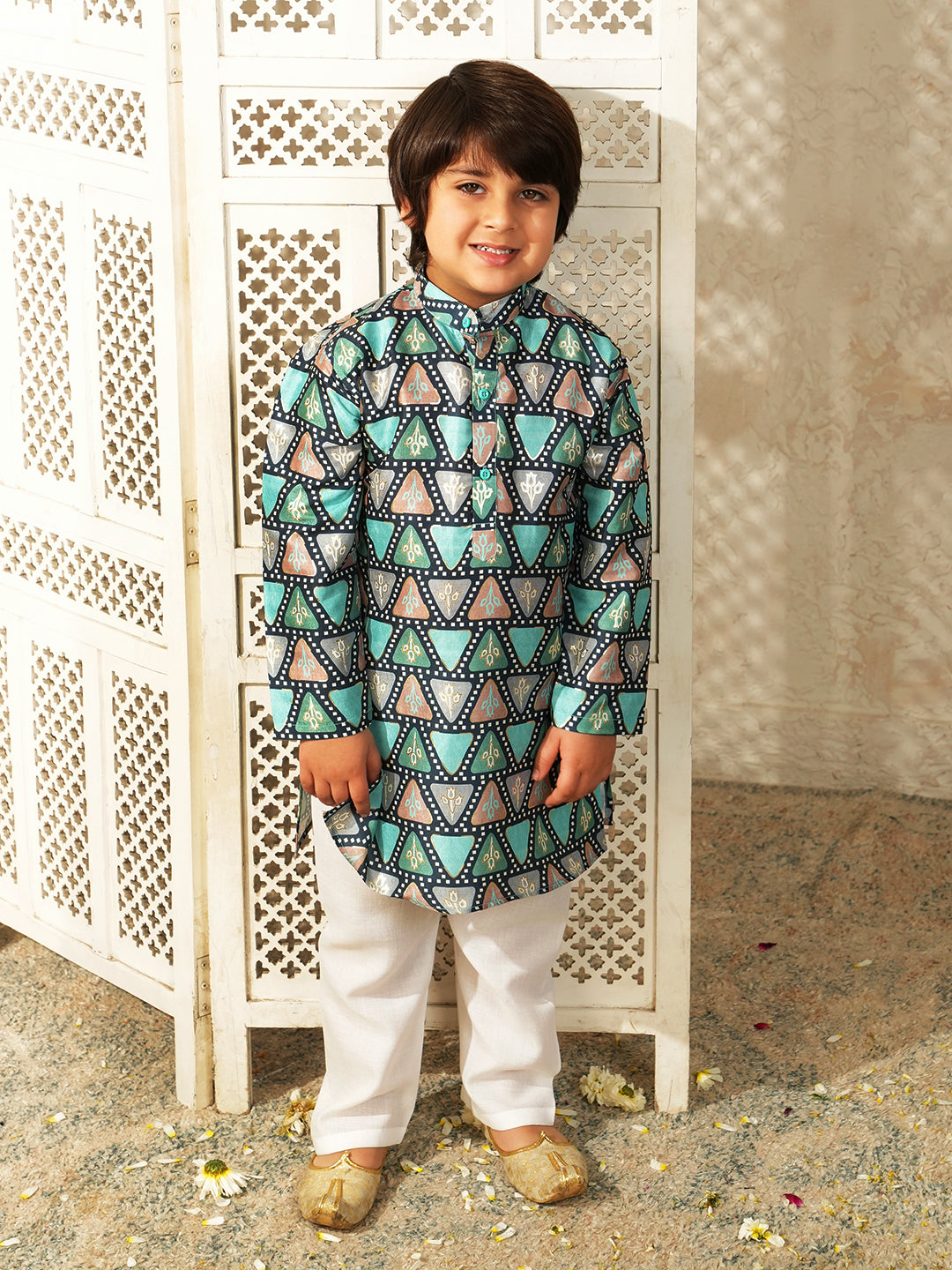 Blue Foil Print Cotton Blend Kurta and Pyjama For Boys