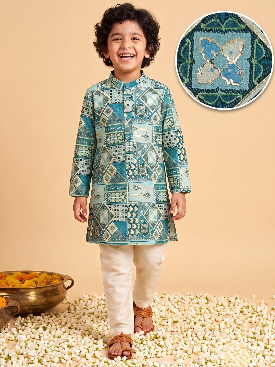 AJ Dezines Blue Ethnic Foil Print Silk Blend Kurta and Pyjama For Boys