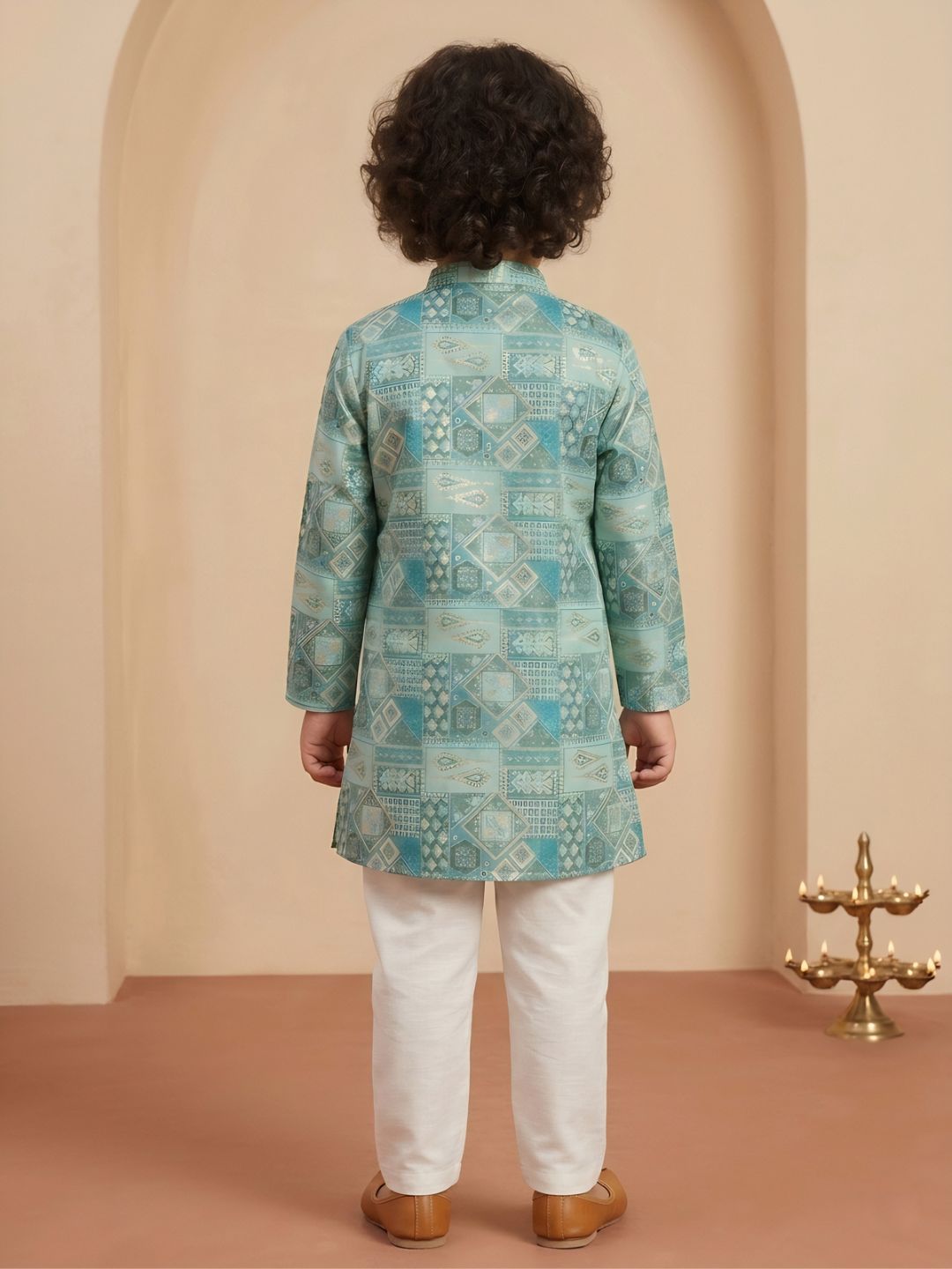 AJ Dezines Blue Ethnic Foil Print Silk Blend Kurta and Pyjama For Boys