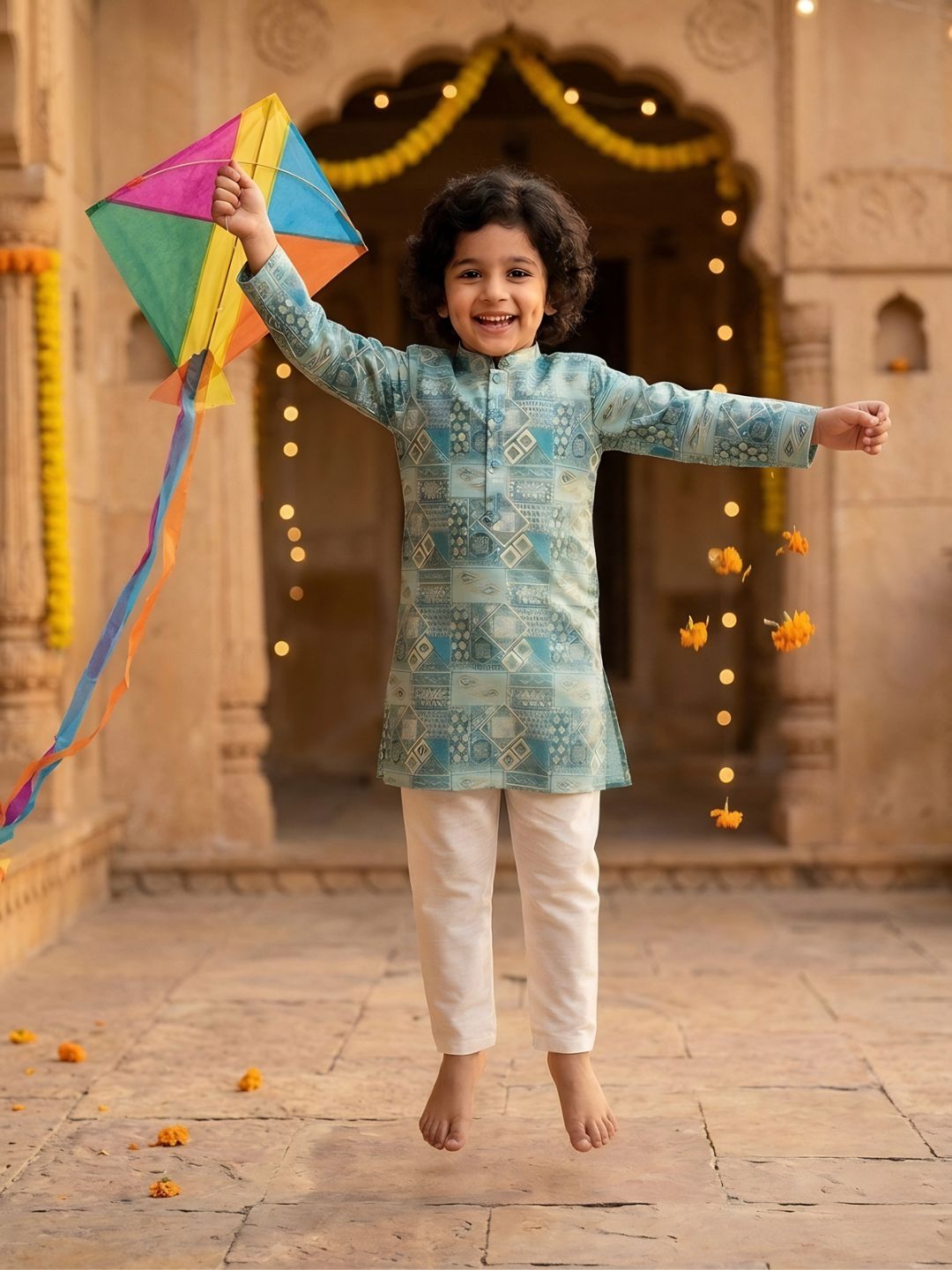AJ Dezines Blue Ethnic Foil Print Silk Blend Kurta and Pyjama For Boys