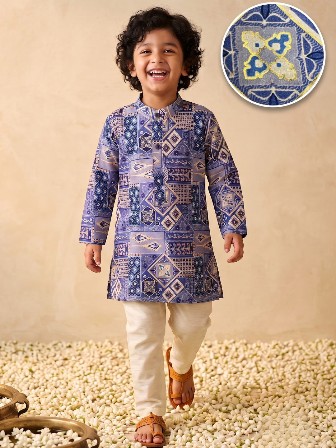 AJ Dezines Dark Blue Ethnic Foil Print Silk Blend Kurta and Pyjama For Boys
