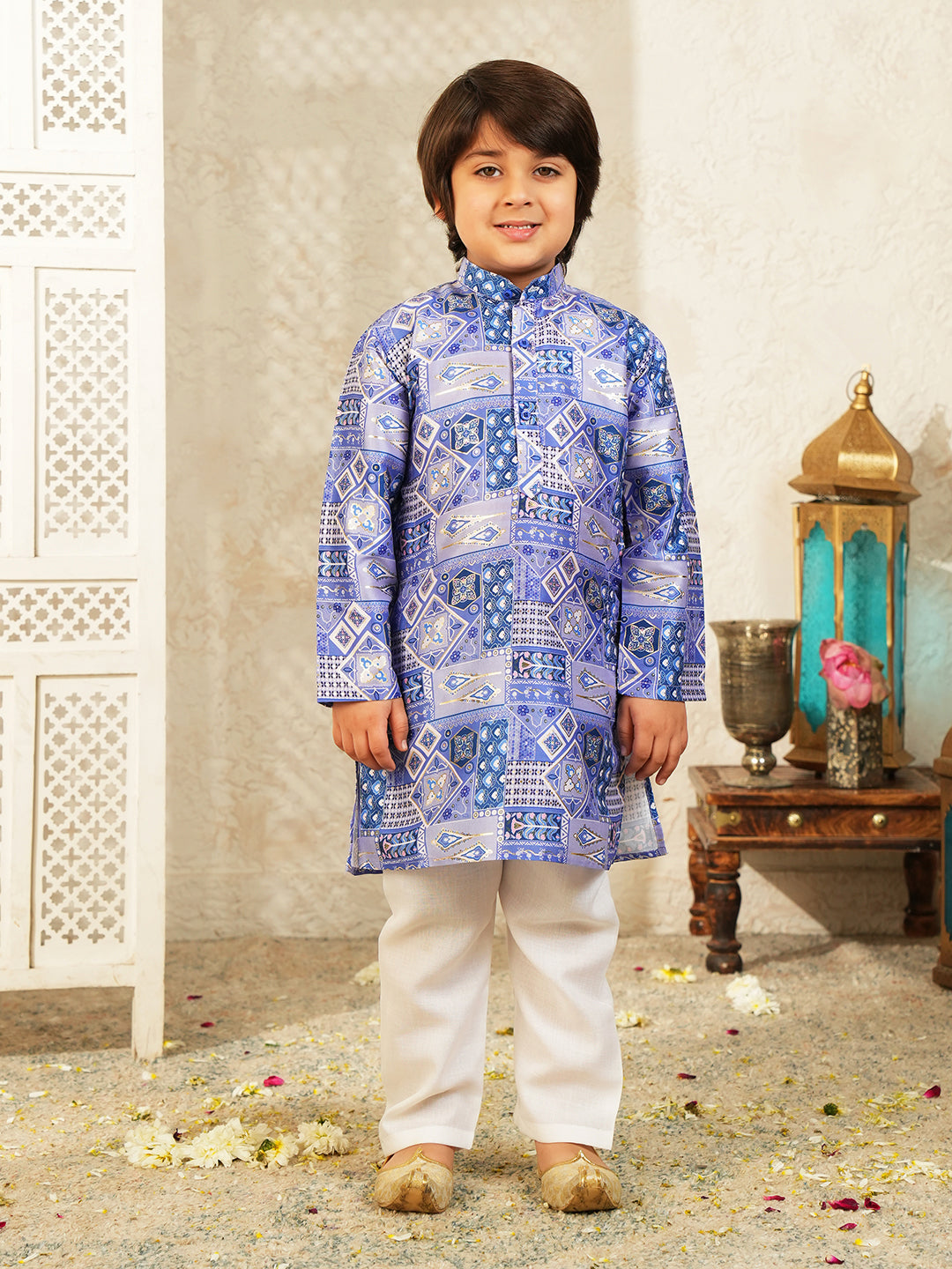 AJ Dezines Dark Blue Ethnic Foil Print Silk Blend Kurta and Pyjama For Boys